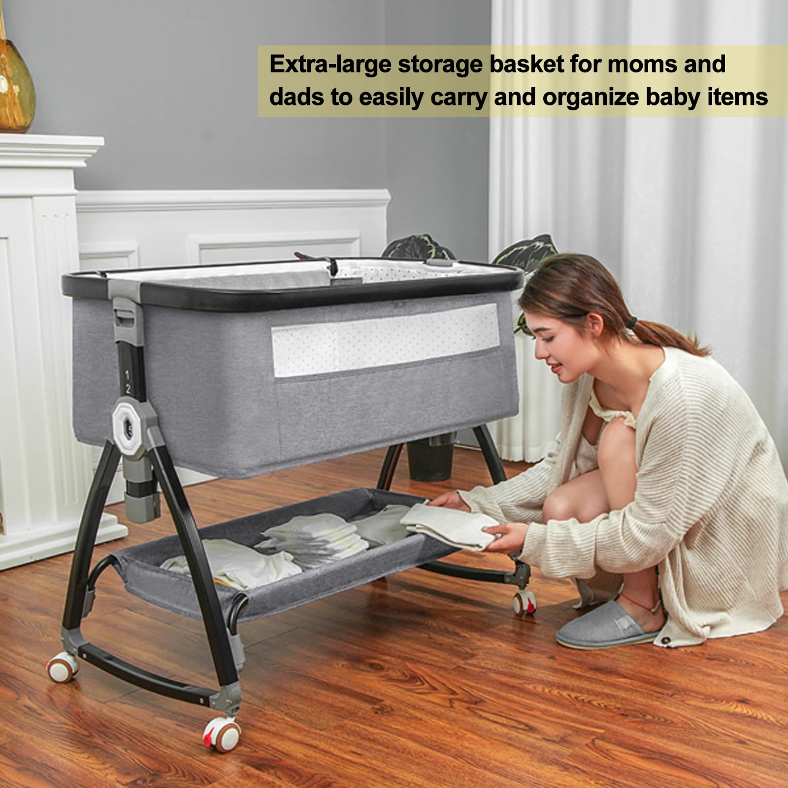 **3-in-1 Adjustable Baby Bassinet Bedside Sleeper – Portable Crib with 6 Height Levels, Wheels, Storage Basket & Mosquito Net for Newborns & Infants – Perfect for Nursery, Bedroom & Travel**