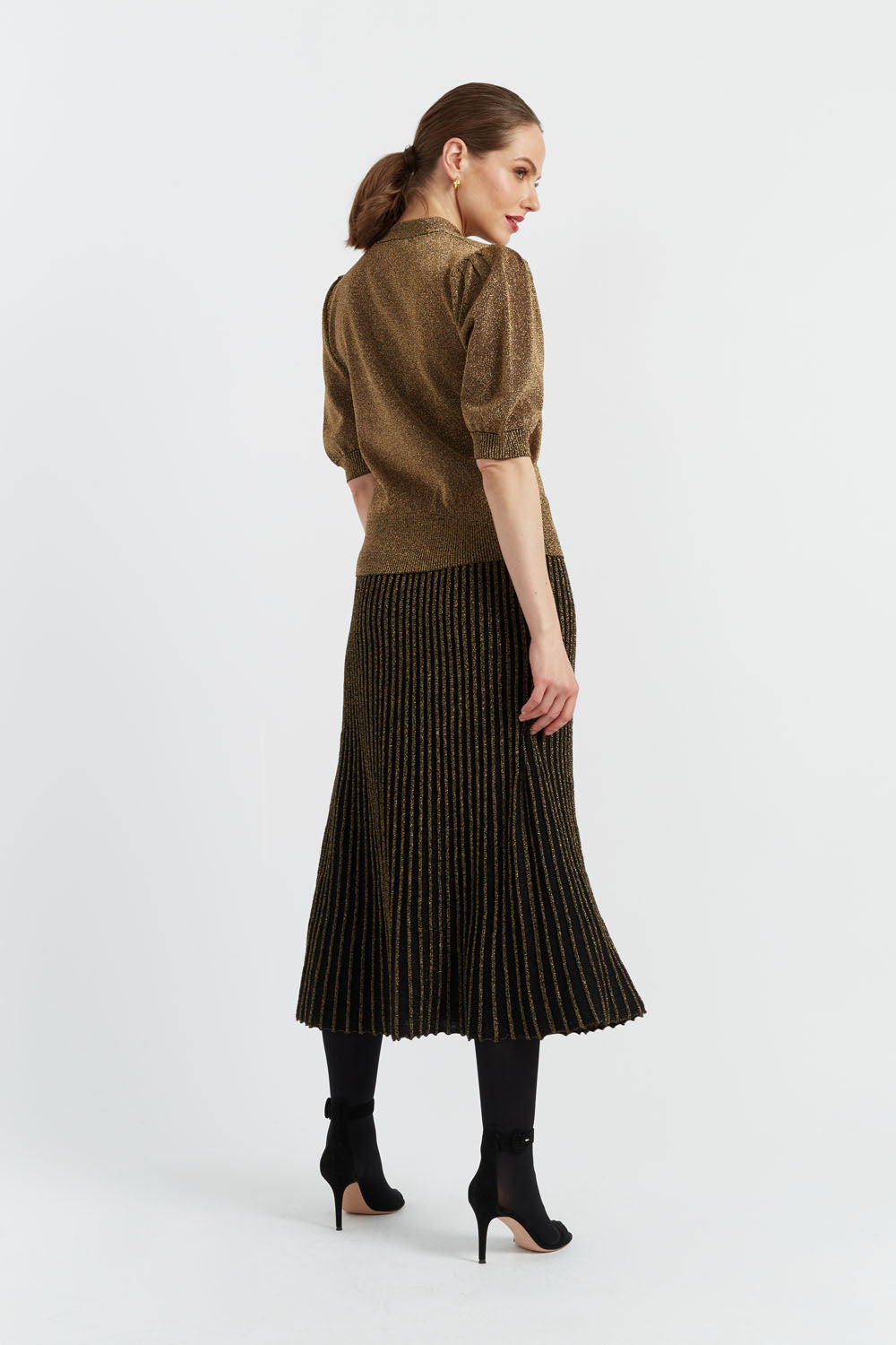 Elegant Gold Lurex Pussy Bow Blouse for Women - Perfect for Office Wear, Cocktail Parties & Special Occasions