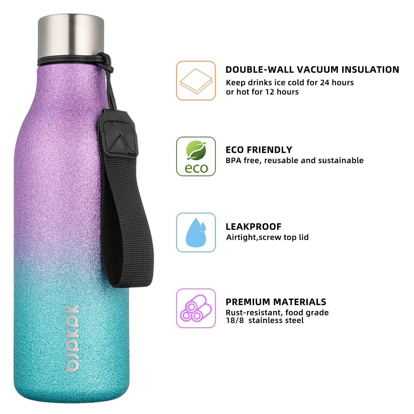 BJPKPK 18 oz Insulated Stainless Steel Water Bottle with Strap - BPA Free, Leak Proof Thermos for Sports, Gym, Hiking & Travel - Reusable Metal Water Bottle in Sparkling Purple & Green - Perfect for Outdoor Adventures, Workouts and Daily Hydration
