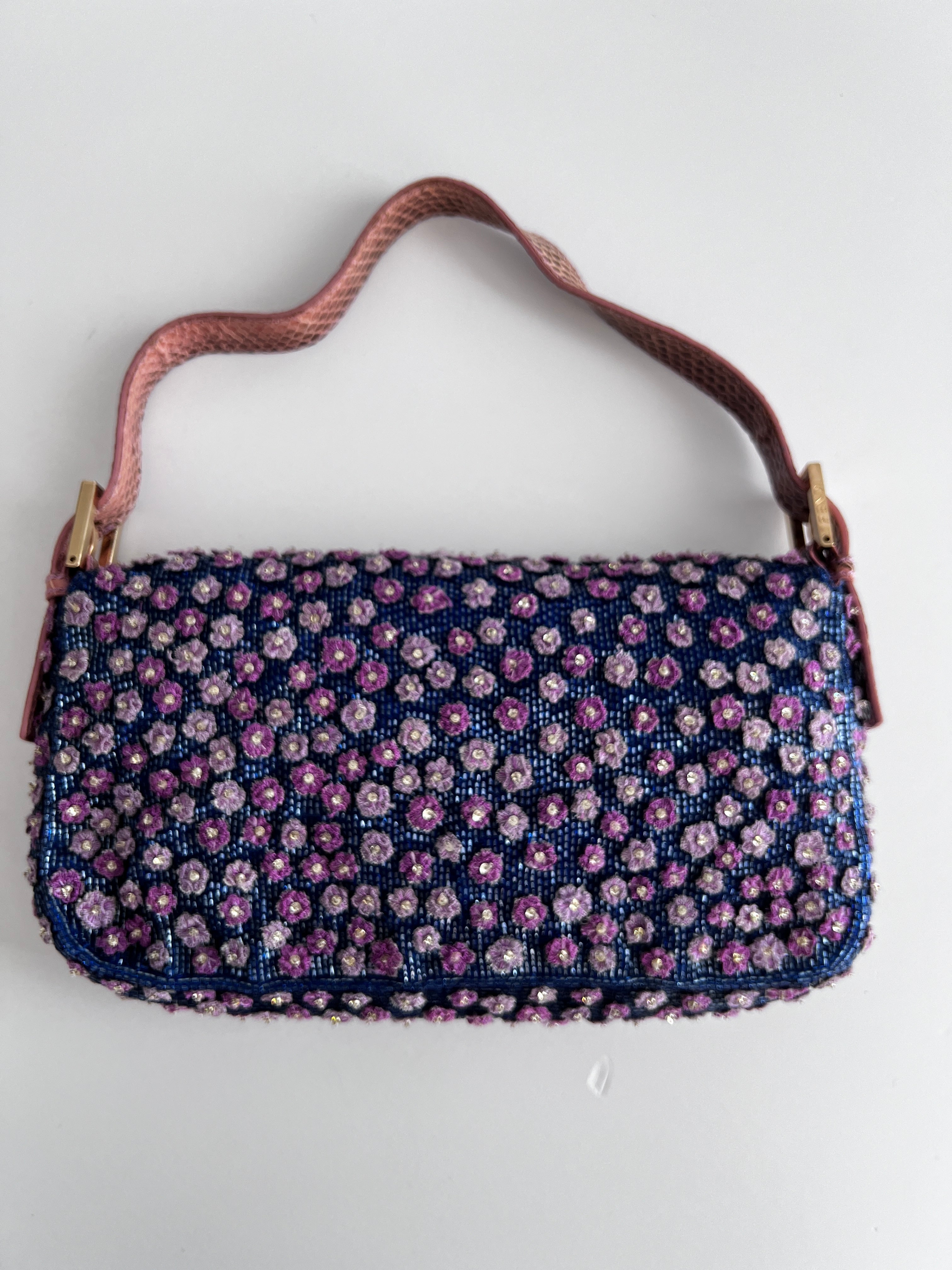 Fendi Blue Beaded Rhinestone Baguette Bag with Purple Flowers - Elegant Evening Clutch for Parties, Weddings & Special Occasions