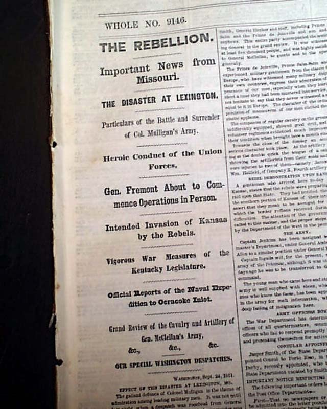 Original Civil War Newspaper - THE NEW YORK HERALD, Sept 25 1861 - First Battle of Lexington & Missouri State Guard S. Price | Historic Collectible for Civil War Enthusiasts & History Buffs - Perfect for Framing, Display, and Educational Purposes