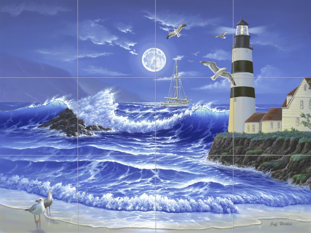 Nautical Ceramic Backsplash Tile Mural with Sailing Ship & Lighthouse Design - Waterproof Kitchen Bathroom Shower Wall Decor - Perfect for Coastal, Beach House, or Nautical Theme Interiors