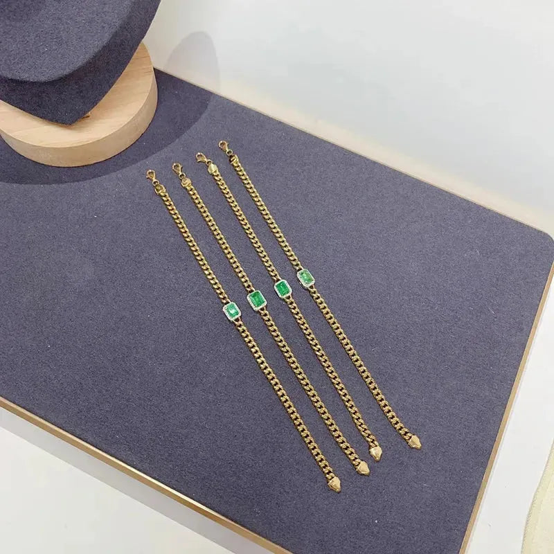 18K Yellow Gold Cuban Chain Bracelet for Women - Shiny Diamond & Natural Emerald Fashion Jewelry - Perfect for Parties, Weddings & Special Occasions
