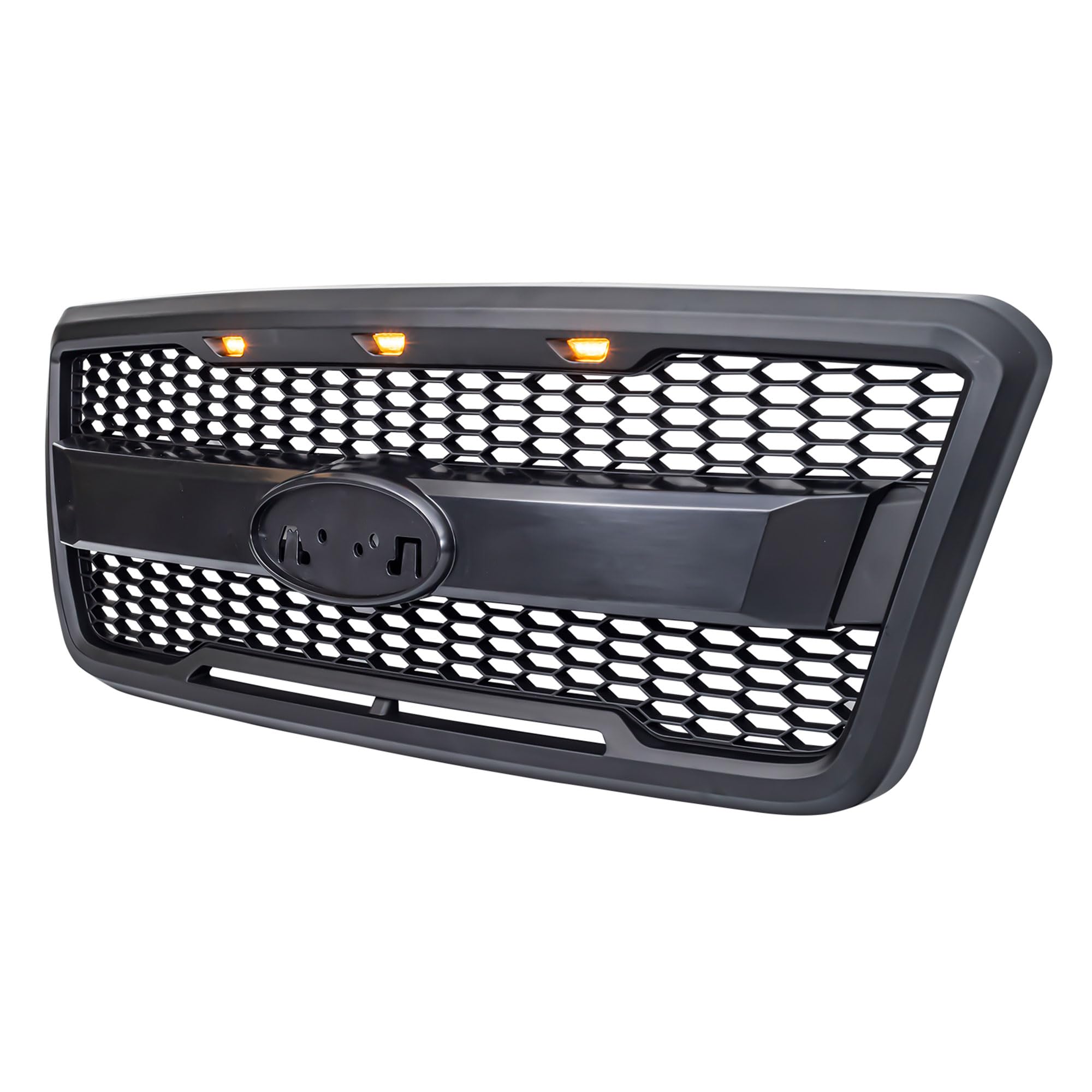 **2004-2008 Ford F150 Raptor Style Mesh Grille with Amber LED Lights & Emblem Base - Matte Black | Off-Road & Custom Truck Upgrade**
