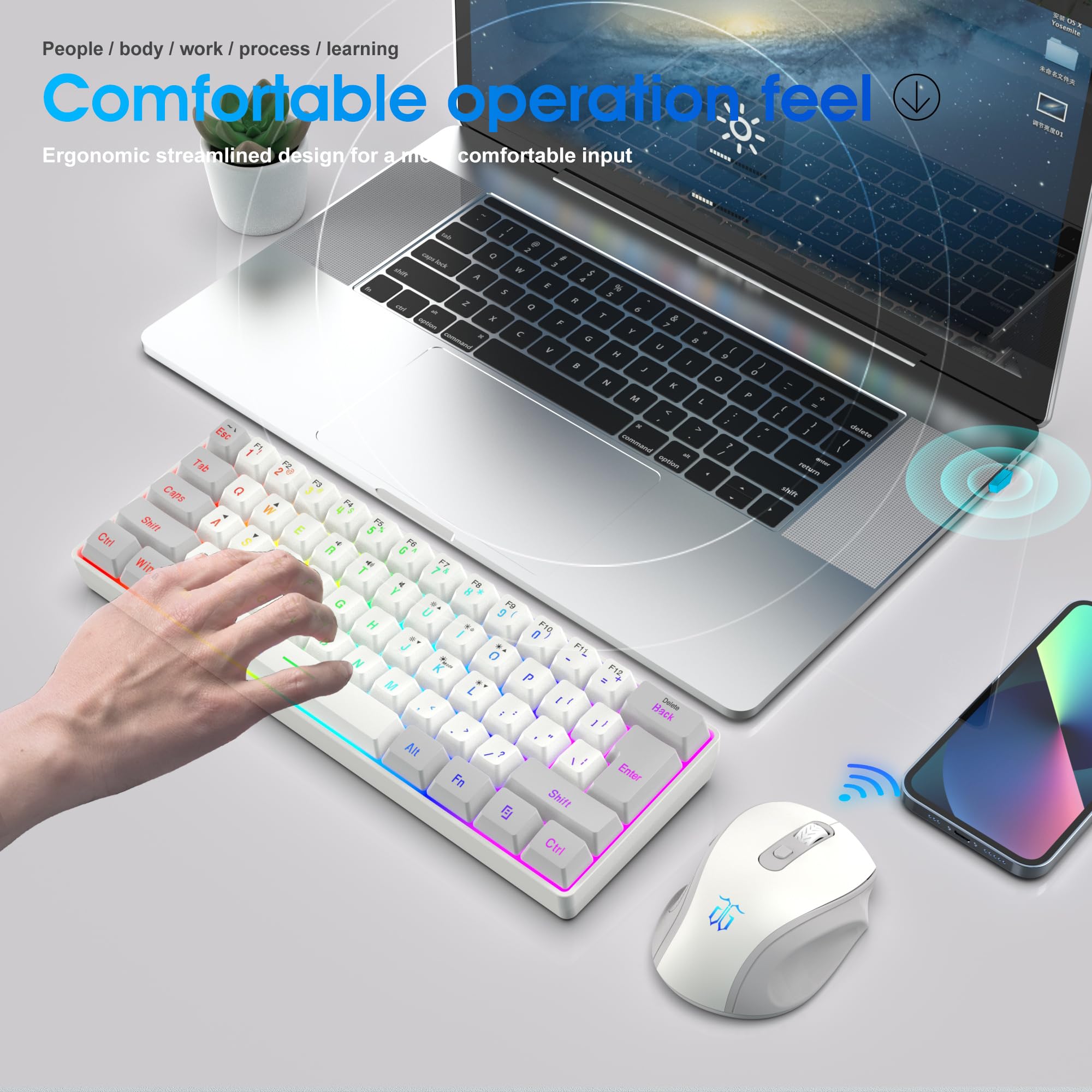SNPURDIRI 2.4G Wireless Gaming Keyboard and Mouse Combo - 60% Compact Mechanical Feel RGB Backlit Keyboard & Ergonomic Vertical Wireless Mouse (Grey/White) for PC, Mac, Laptop - Perfect for Gaming, Office Work & Home Use