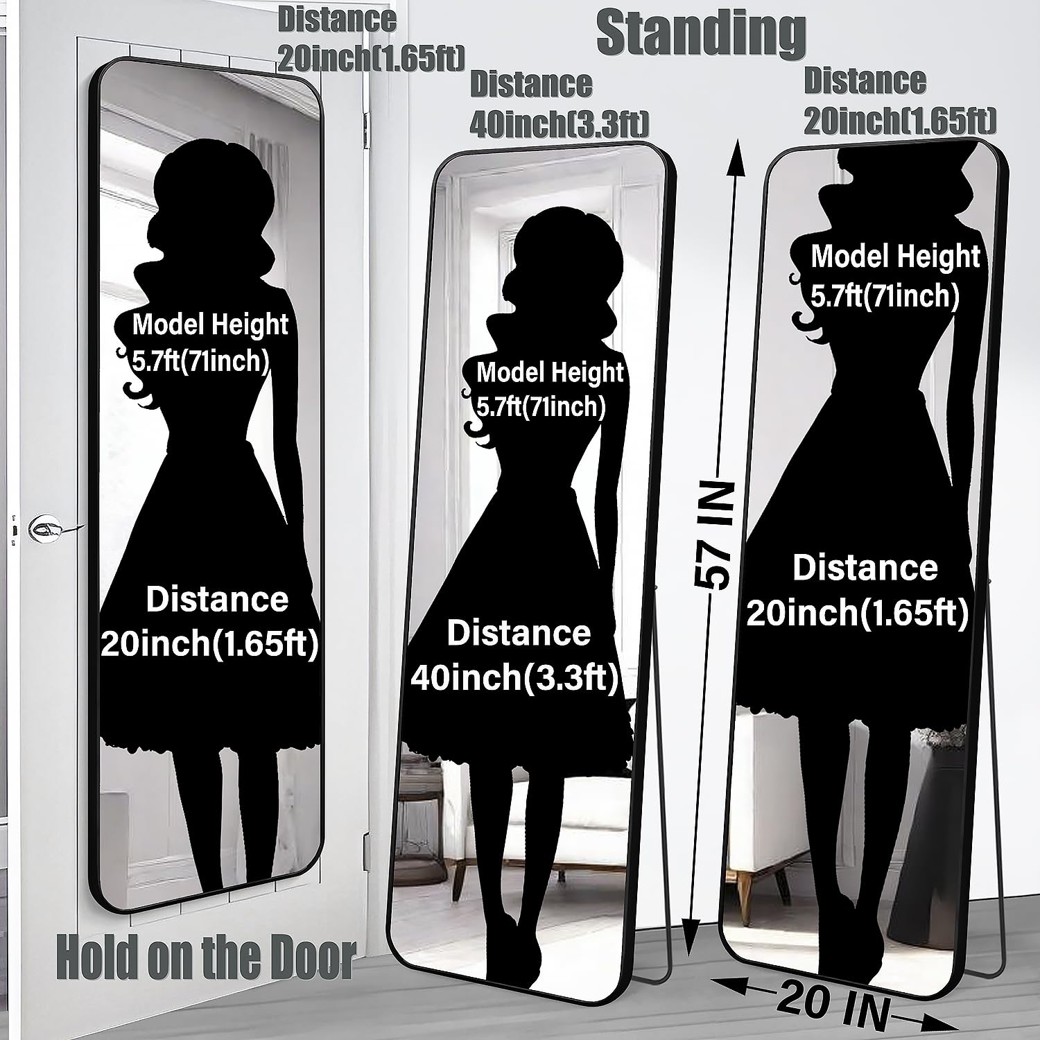 Full Length Mirror 57x20 Inches - Black Metal Frame Hanging or Wall Mounted Dressing Mirror for Bedroom, Bathroom & Living Room - Perfect for Full-Body Viewing, Outfit Checks & Home Decor (57 Inch, 5.7ft Tall)
