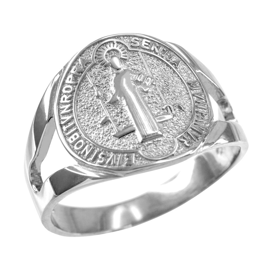 14K White Gold Saint Benedict Medallion Ring for Women - Religious Jewelry Gift for Baptism, First Communion & Spiritual Protection