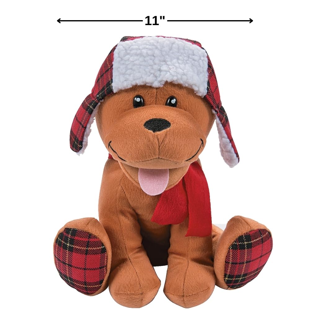 Fun Express Christmas Stuffed Dog Plush Toy with Plaid Pattern - Cute Holiday Gift for Kids & Dog Lovers - Perfect for Christmas Decorations, Stocking Stuffers & Cozy Home Decor