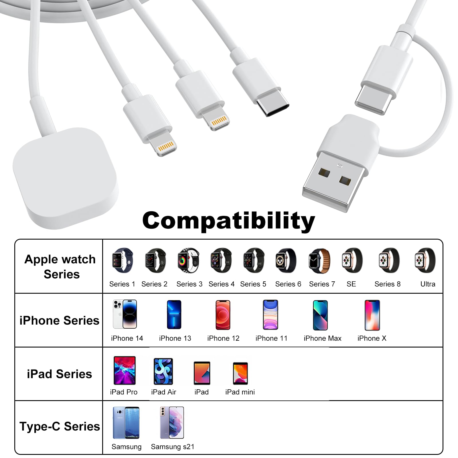 4-in-1 USB C Fast Charging Cable for Apple Watch Series 3/4/5/6/7/8/SE/Ultra, iPhone & AirPods - 6FT/1.8M Portable Wireless Charger Cord - Perfect for Travel, Office & Home Use