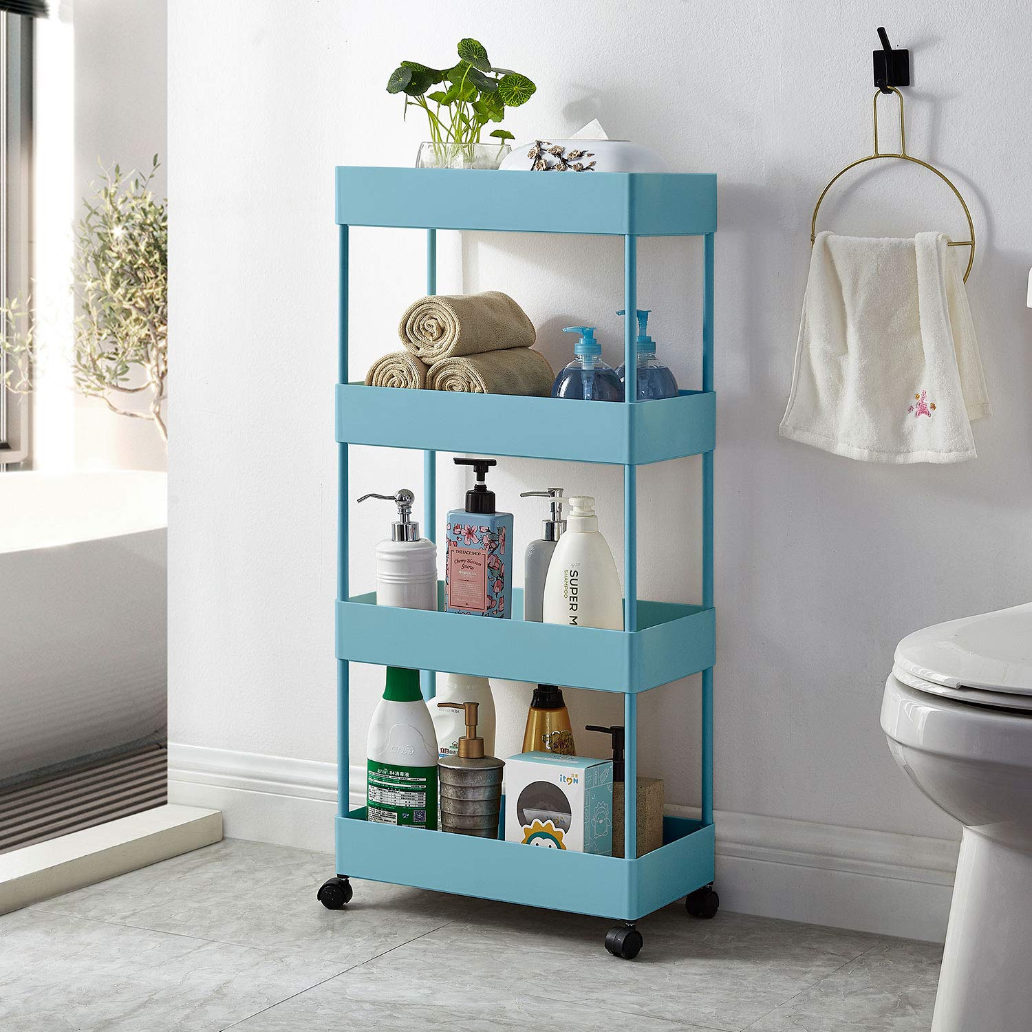 BEEY 4-Tier Slim Rolling Storage Cart with Wheels - Compact Utility Organizer for Kitchen, Bathroom, Bedroom, Office - Blue | Perfect for Craft Supplies, Bath Essentials & Small Space Storage