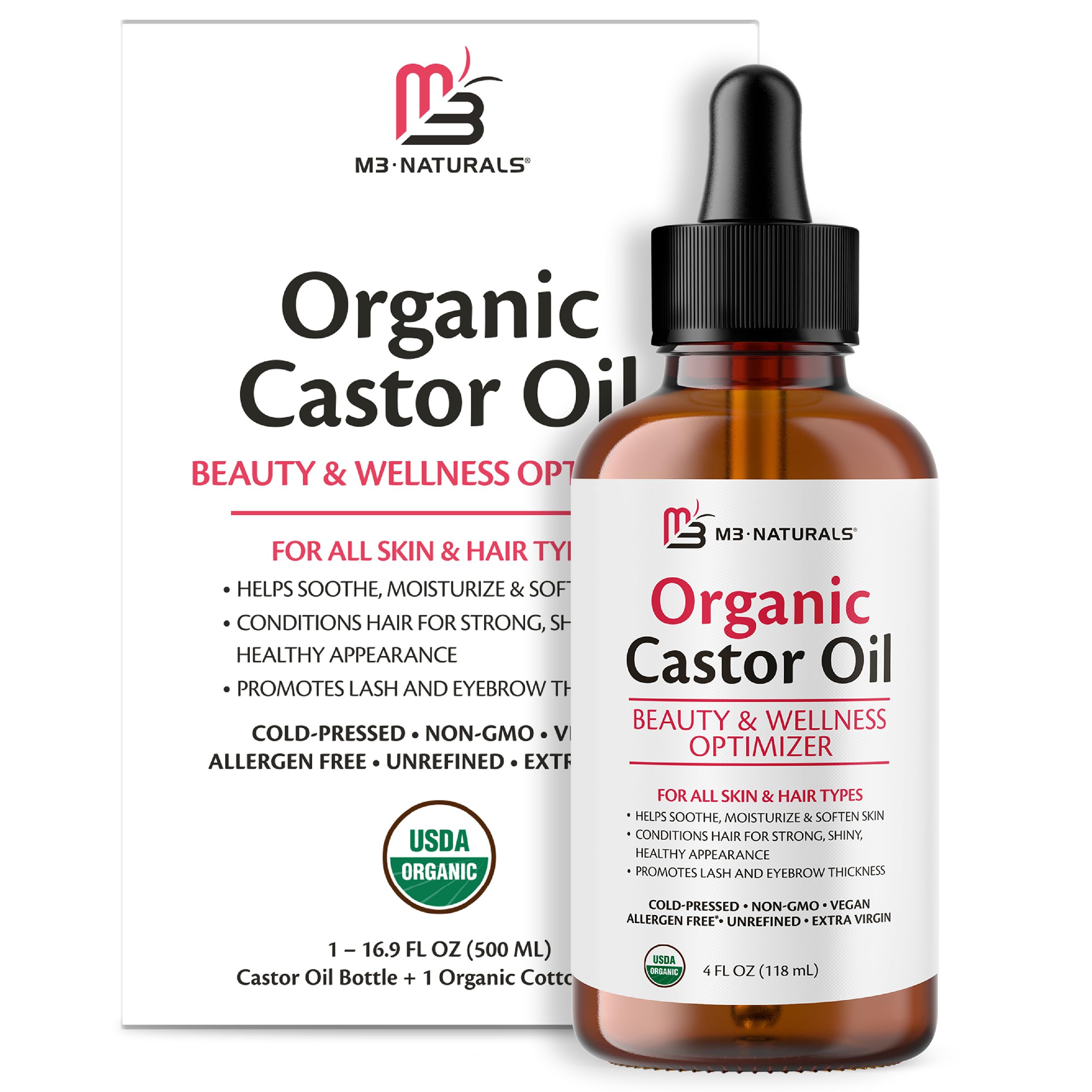 M3 Naturals 100% Pure Organic Cold-Pressed Castor Oil for Hair Growth, Eyelashes & Eyebrows | Hexane-Free Unrefined Natural Oil for Face & Skin Care | 4 fl oz Glass Bottle with Dropper | Promotes Thicker Hair & Healthy Skin | Perfect for Daily Hair Treatment, Beard Growth & Natural Moisturizer