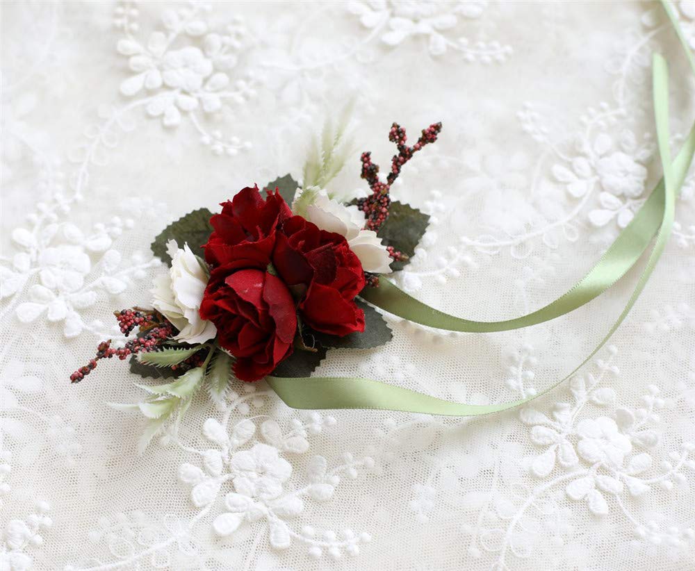 Artificial Rose Wedding Corsage & Boutonniere Set - Red Silk Flower Prom Party Suit Decoration for Bridesmaids, Groomsmen, Homecoming & Formal Events