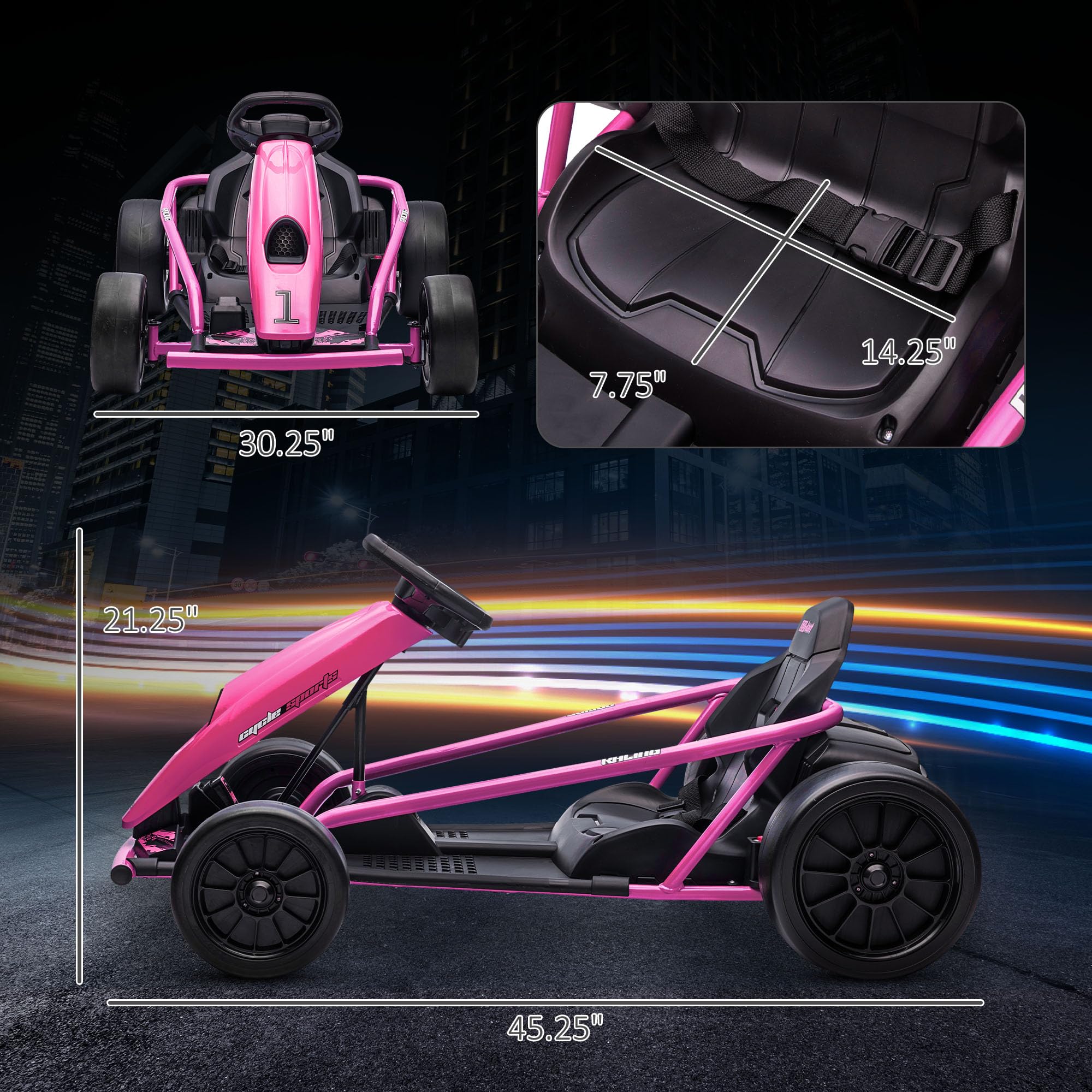 Aosom 24V 8.1 MPH Electric Go Kart for Kids - Battery Powered Drifting Ride-On Toy with Slow Start, Music, Horn & Safety Belt - Outdoor Fun for Ages 8-12 (Pink) | Perfect for Backyard Racing, Birthday Gifts & Outdoor Family Activities