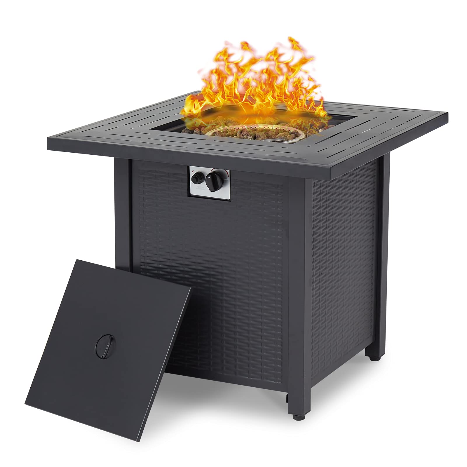 Kinbor 28-Inch Propane Fire Pit Table - 50,000 BTU Outdoor Gas Fire Pit with Blue Fire Glass & Wind Guard - Perfect for Patio, Backyard, and Camping Gatherings