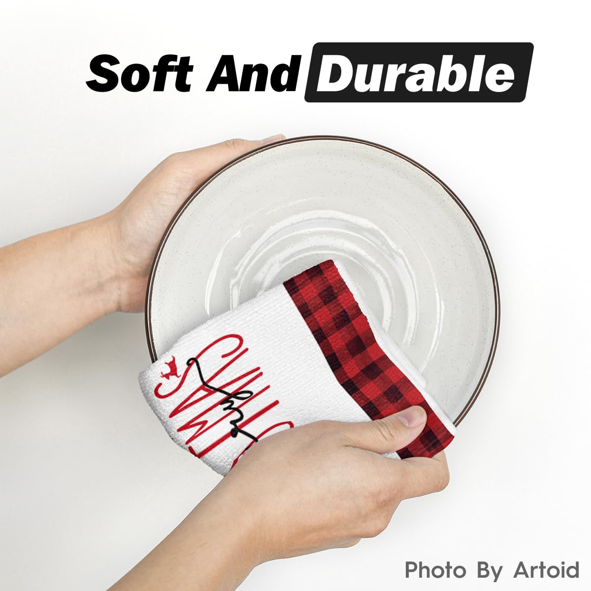 Artoid Mode Red Black Buffalo Plaid Snowman Christmas Kitchen Dish Towels - Set of 4 (18x26 Inch) - Holiday Winter Decor, Xmas Tree Decoration & Seasonal Hand Towels for Home, Kitchen, and Festive Parties
