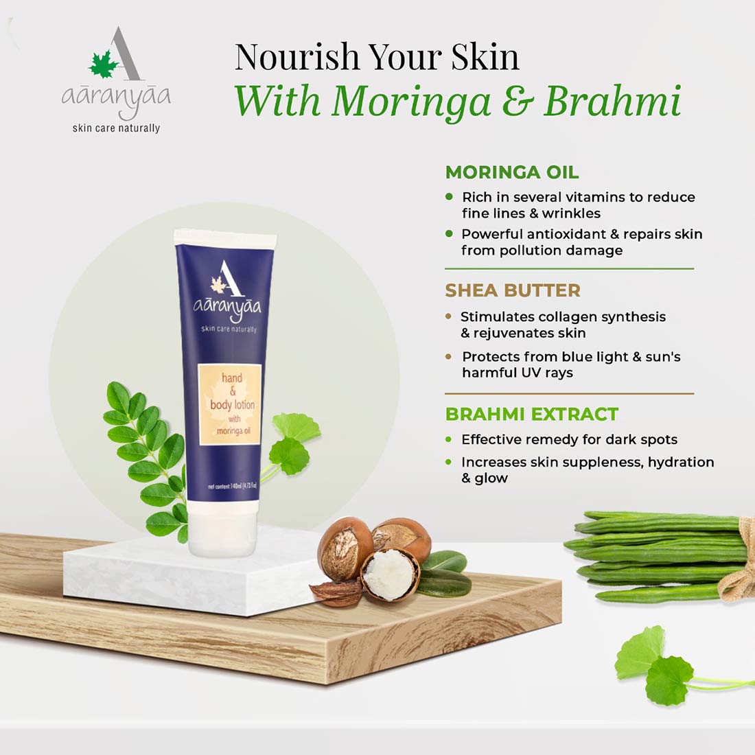 Aaranyaa Hand & Body Lotion 140ml - Deep Moisturizing Dry Skin Treatment with Plant-Based Moringa Oil, Ashwagandha & Brahmi Extracts - Paraben Free - Perfect for Daily Hydration & Nourishment at Home or Travel