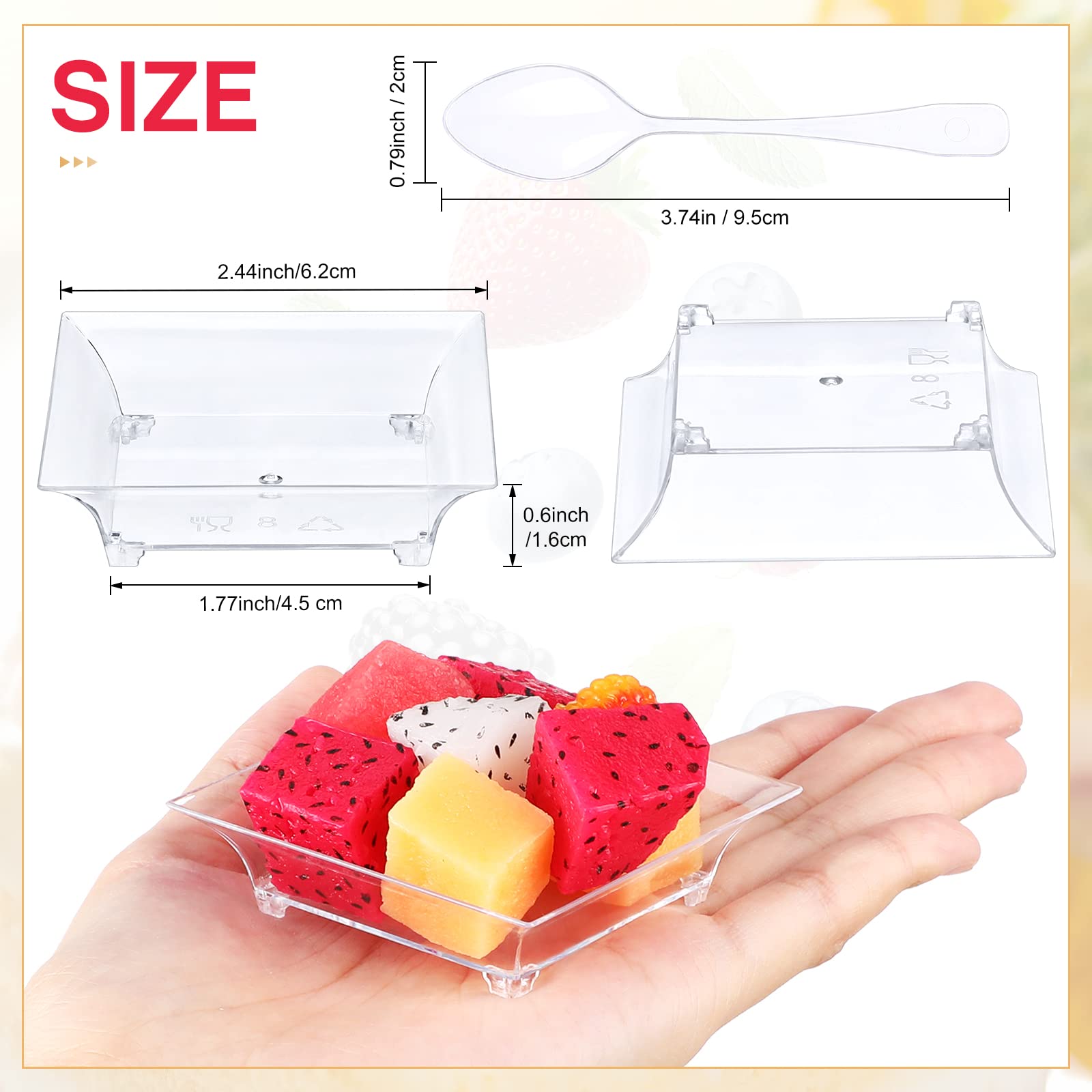 300-Piece Mini Dessert Plates Set with 300 Tasting Spoons - 1 oz Clear Disposable Plastic Appetizer Plates 2.4x2.4 Inch for Cake, Ice Cream, Fruit Salad - Perfect for Wedding Parties, Catering Events & Tastings