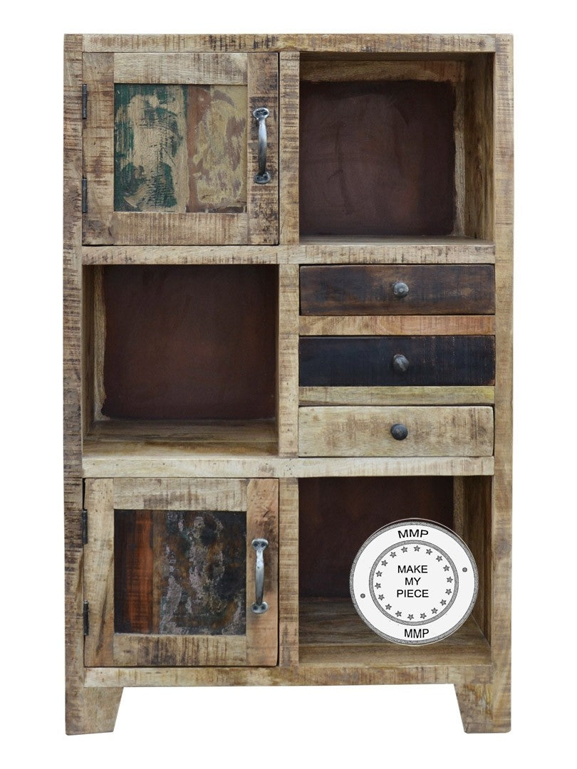 Hand Carved Indian Bookcase - Small Wooden Chest of Drawers with Natural Finish | Perfect for Bedroom Storage, Living Room Decor & Vintage Home Organizing