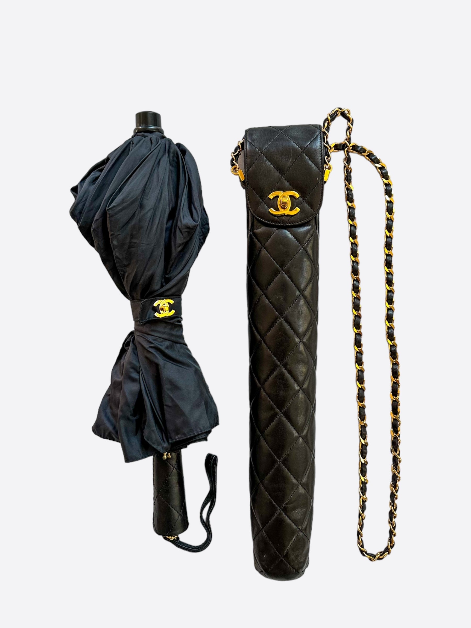 Chanel Black Folding Logo Umbrella with Case - Luxury Compact Travel Umbrella for Rain & Sun Protection - Perfect for Fashionable Women, Outdoor Events & Travel Accessories