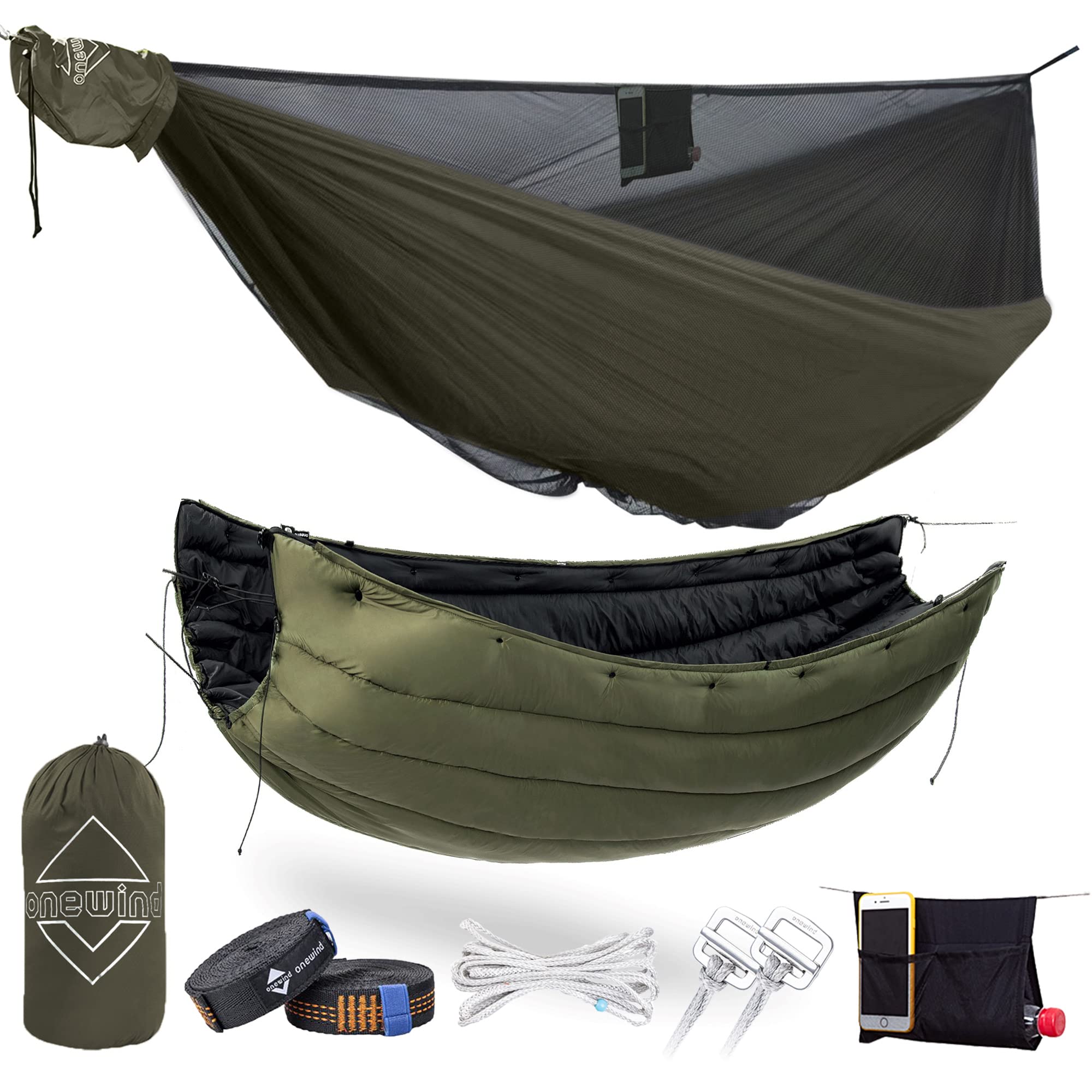 Onewind 11' Camping Hammock with Underquilt - Lightweight Portable Full-Length Outdoor Sleeping System in OD Green - Perfect for Backpacking, Hiking & Camping Adventures