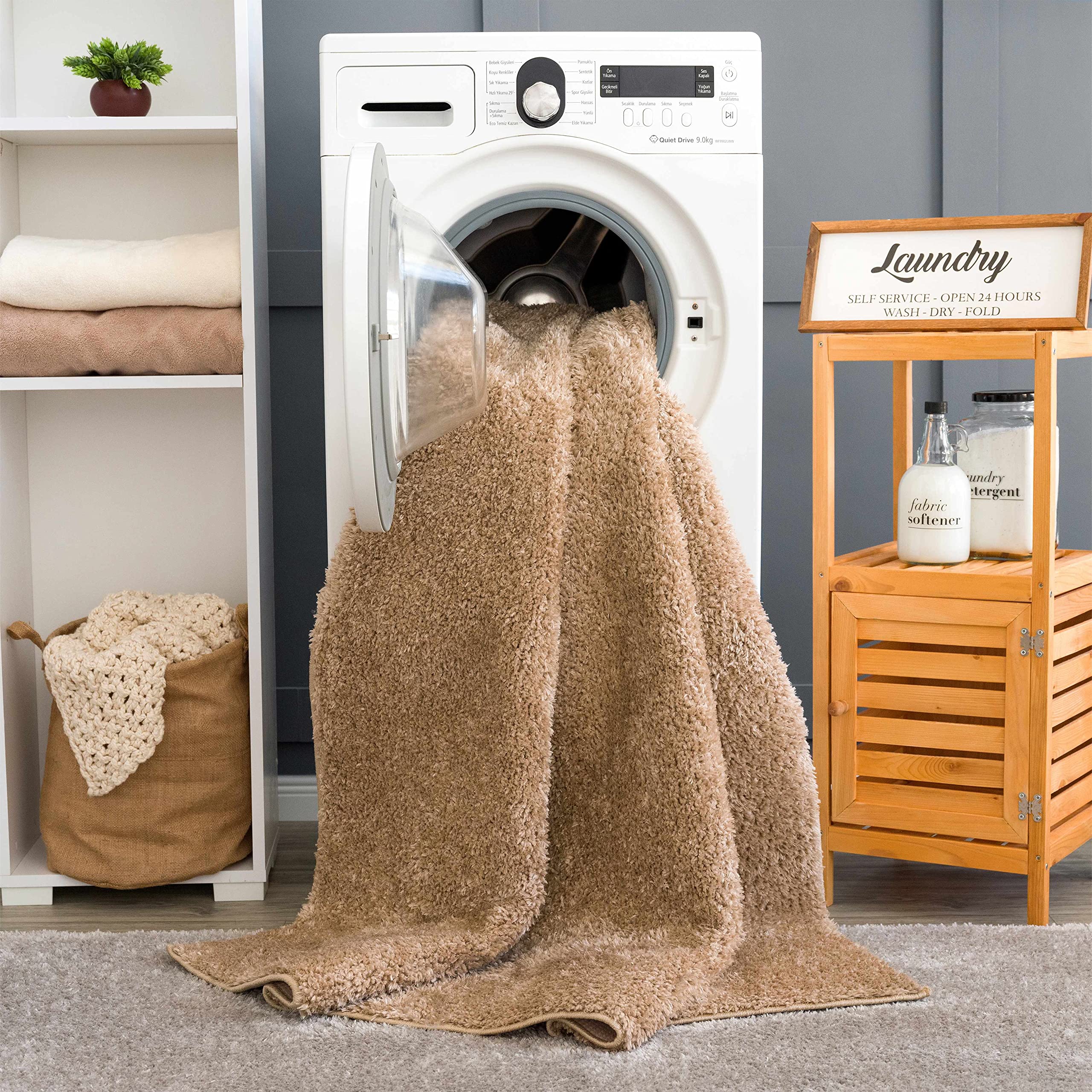 Judy Machine Washable Solid Shag Rug - Soft Fluffy Plush High Pile Carpet for Living Room & Bedroom - Blush & Brown 7'10