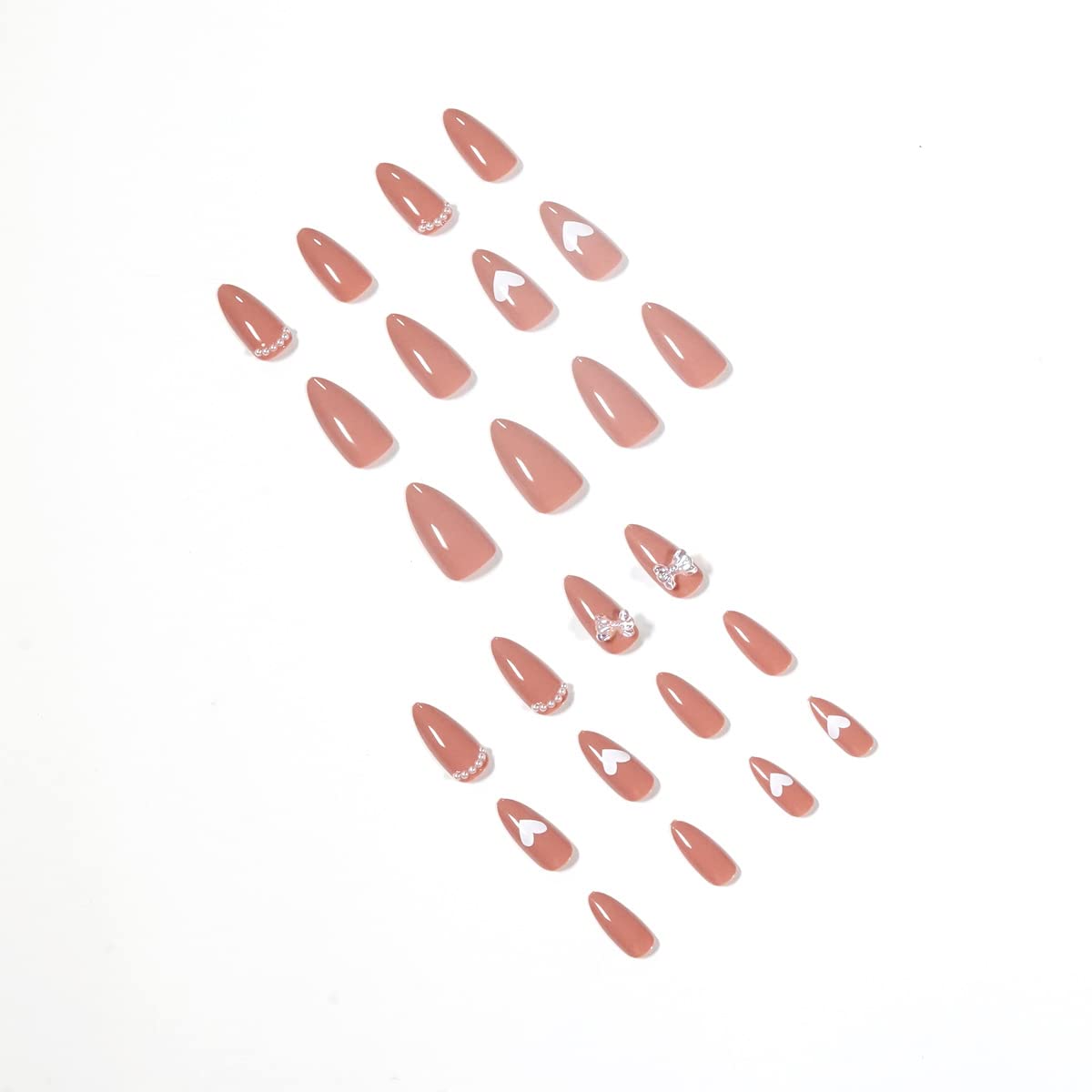 WonderTrail 24-Piece Almond Shaped Press On Nails Set - Brown Fake Nails with Bow & Stone Designs, Includes Nail Glue & Application Tools | Perfect for Parties, Weddings & Special Occasions