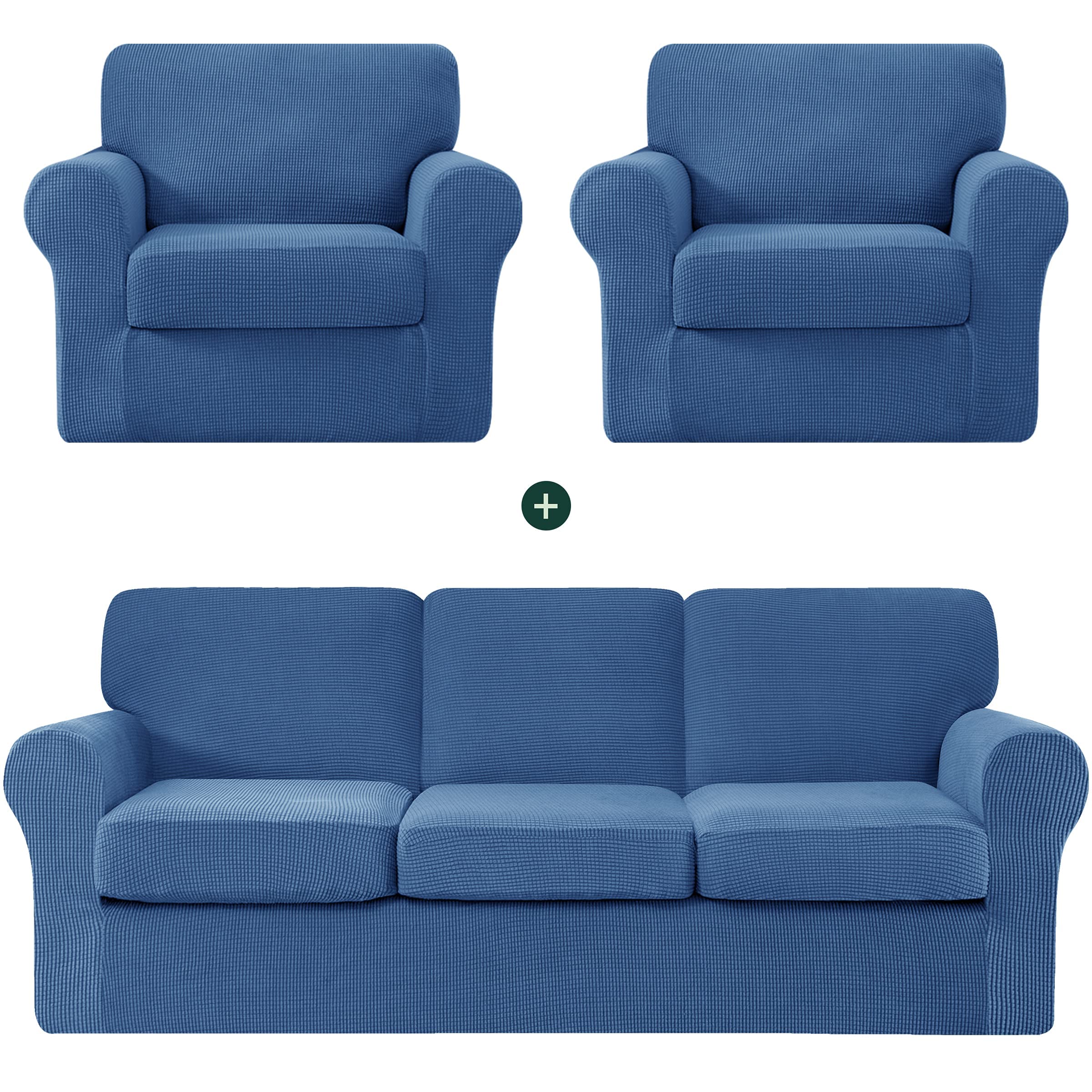 CHUN YI 2-Piece Armchair Sofa Slipcover Set - Stretchable Jacquard Fabric Couch Cover with Detachable Backrest & Cushion Covers (Denim Blue Checkered Pattern) - Perfect for Living Room, Office, and Home Decor