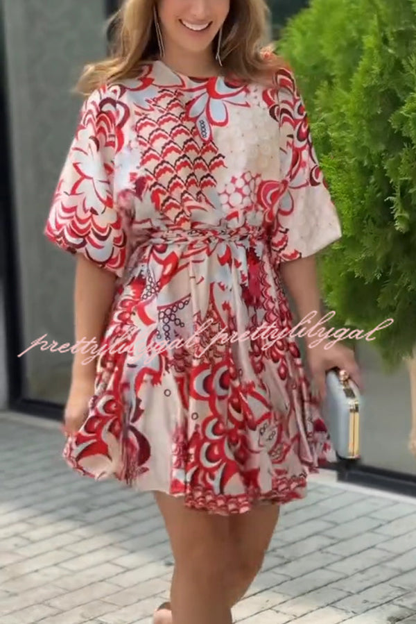 **Stylish Printed Round Neck Short Sleeve Waist Tie Mini Dress for Women - Perfect for Vacation, Beach, and Summer Outfits**