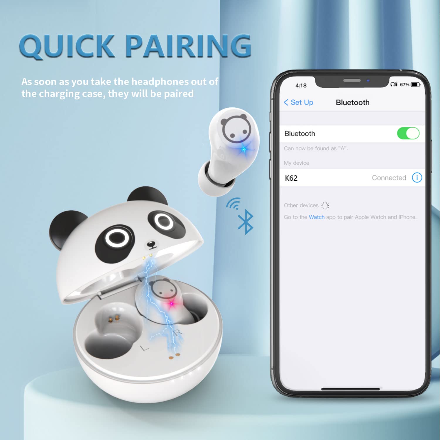 Panda Bluetooth Earbuds Wireless, IPX5 Waterproof Sports Earphones with Charging Case, Bass Sound & Touch Control, Built-in Mic for Calls - Perfect for Running, Gym, Workout & Daily Use