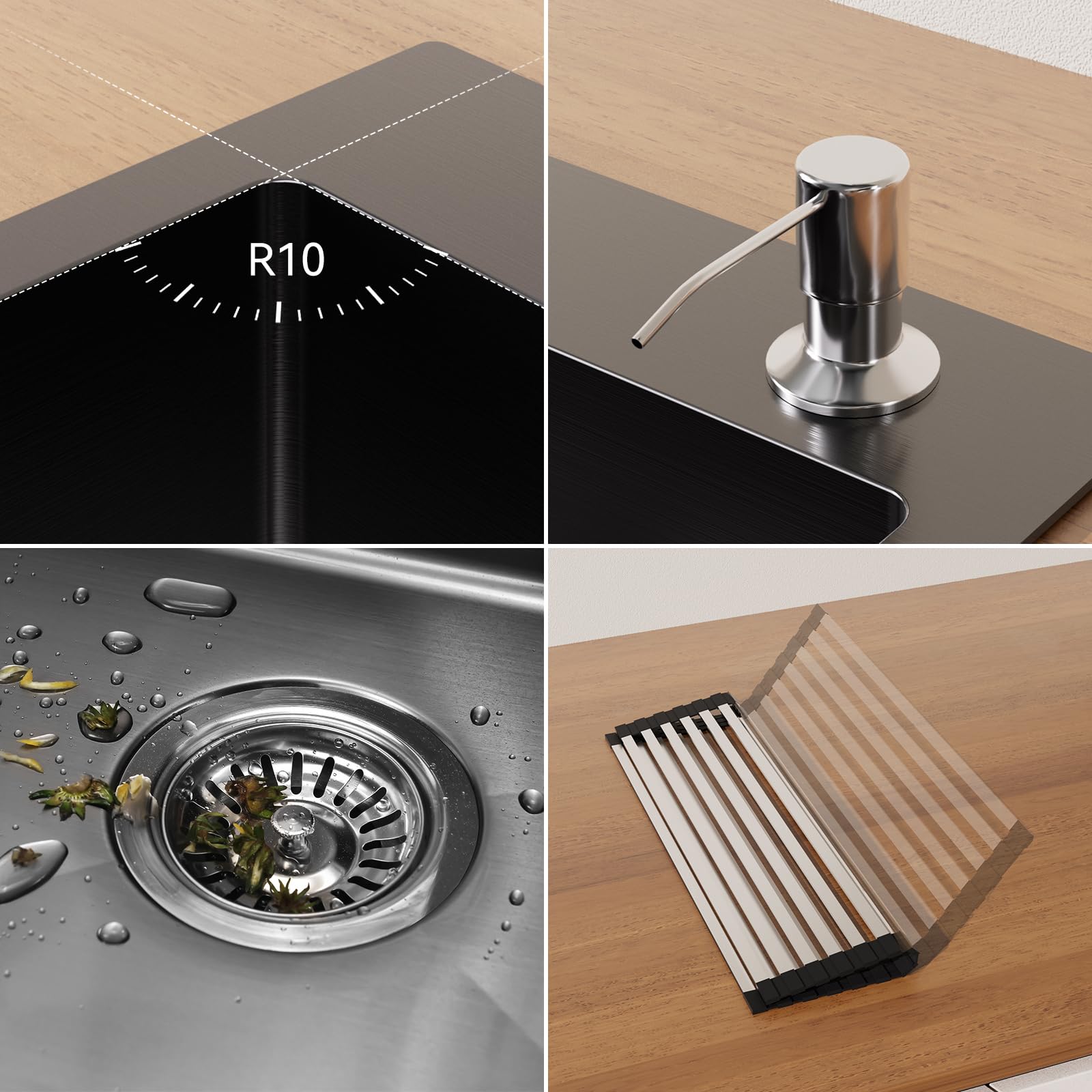 Lonheo 58 x 45 cm Black Kitchen Sink with Foldable Drainboard & Soap Dispenser - Single Bowl Stainless Steel Sink with Drainage System - Perfect for Modern Kitchens, Apartments & Small Spaces