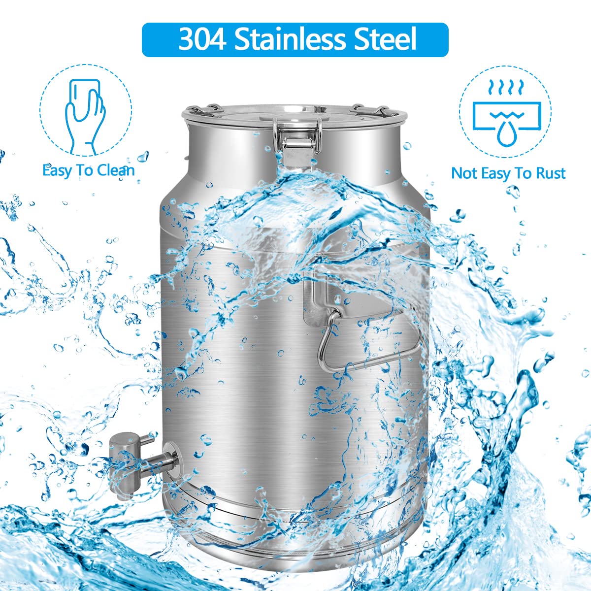 Premium 304 Stainless Steel 20L (5.25 Gallon) Milk Can with Spigot & Airtight Lid - Heavy Duty Food Grade Pail for Milk, Wine, Beer, and Beverage Storage - Ideal for Dairy Farms, Home Brewing, and Commercial Use
