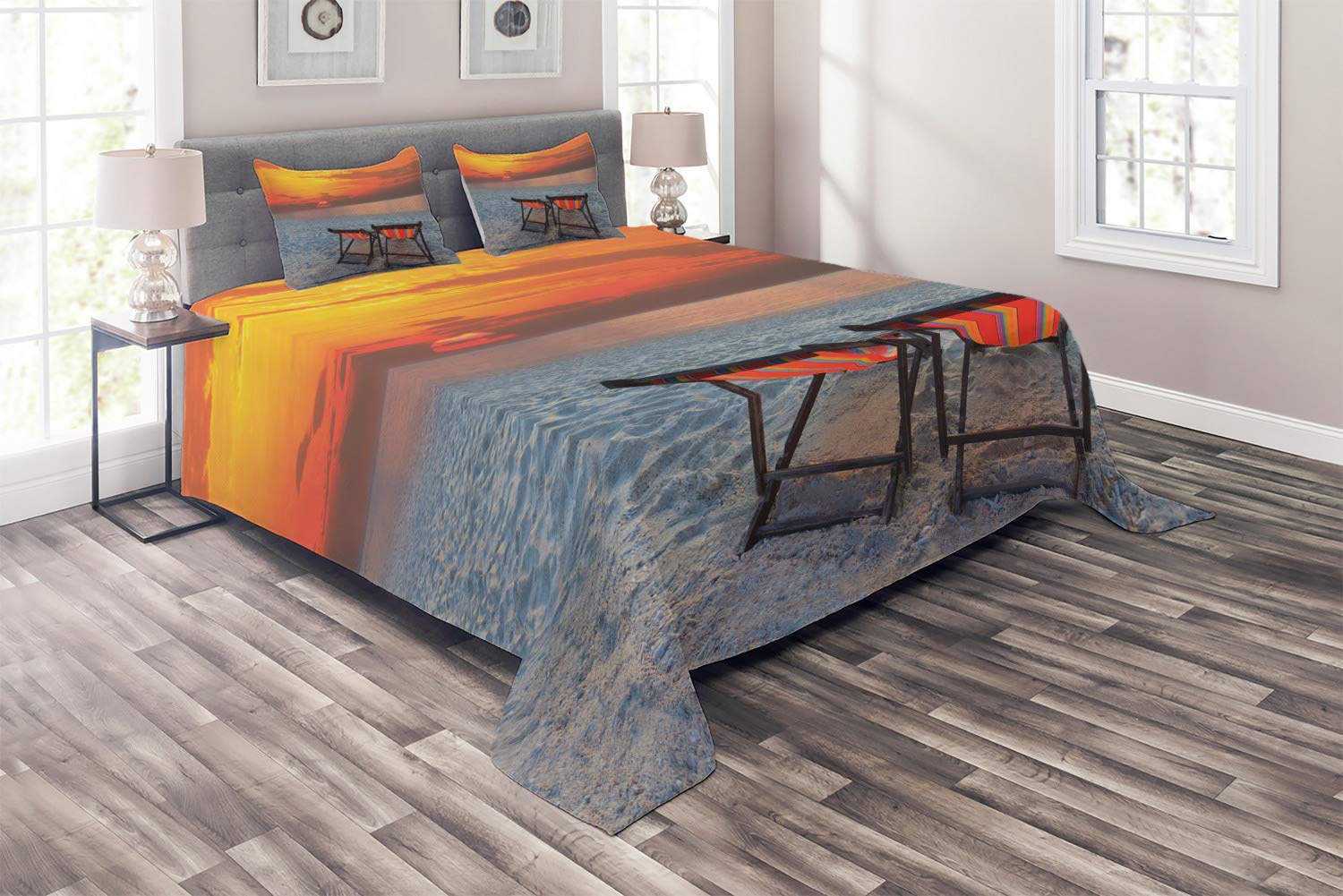 Ambesonne Seaside Quilt Set - Queen Size 3-Piece Bedspread with 2 Pillow Shams, Orange Red Grey Coastal Design Featuring Couples Chairs on Beach & Colorful Sunset Sky | Perfect for Beach House Decor, Guest Room Bedding & Coastal Themed Bedrooms