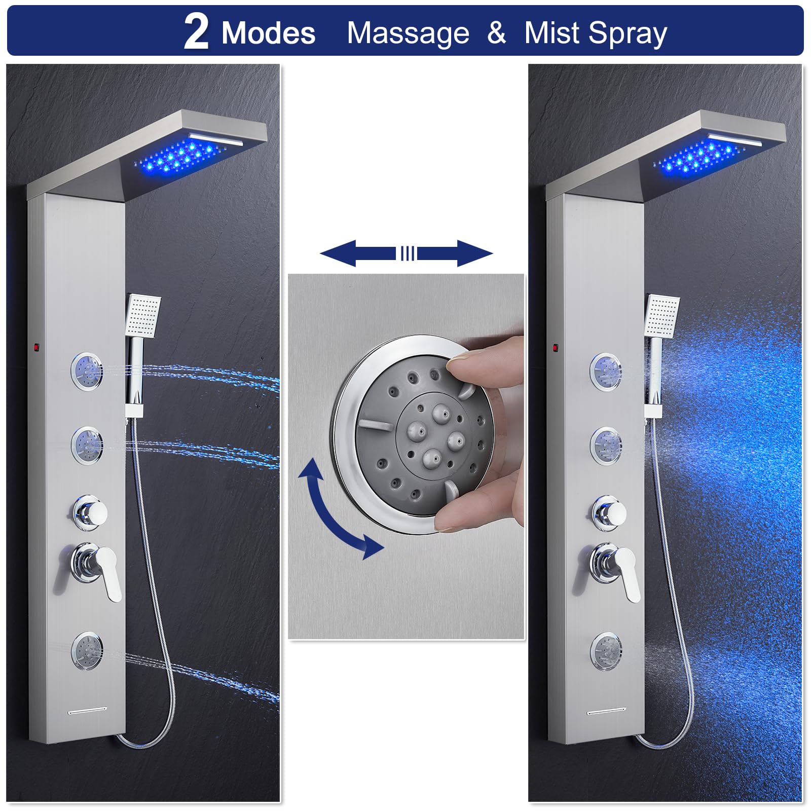 ROVATE 5-in-1 Brushed Stainless Steel LED Shower Panel Tower System - Rainfall, Waterfall, Massage Jets & Handheld Shower Combo - High Pressure Bathroom Upgrade for Spa-Like Experience