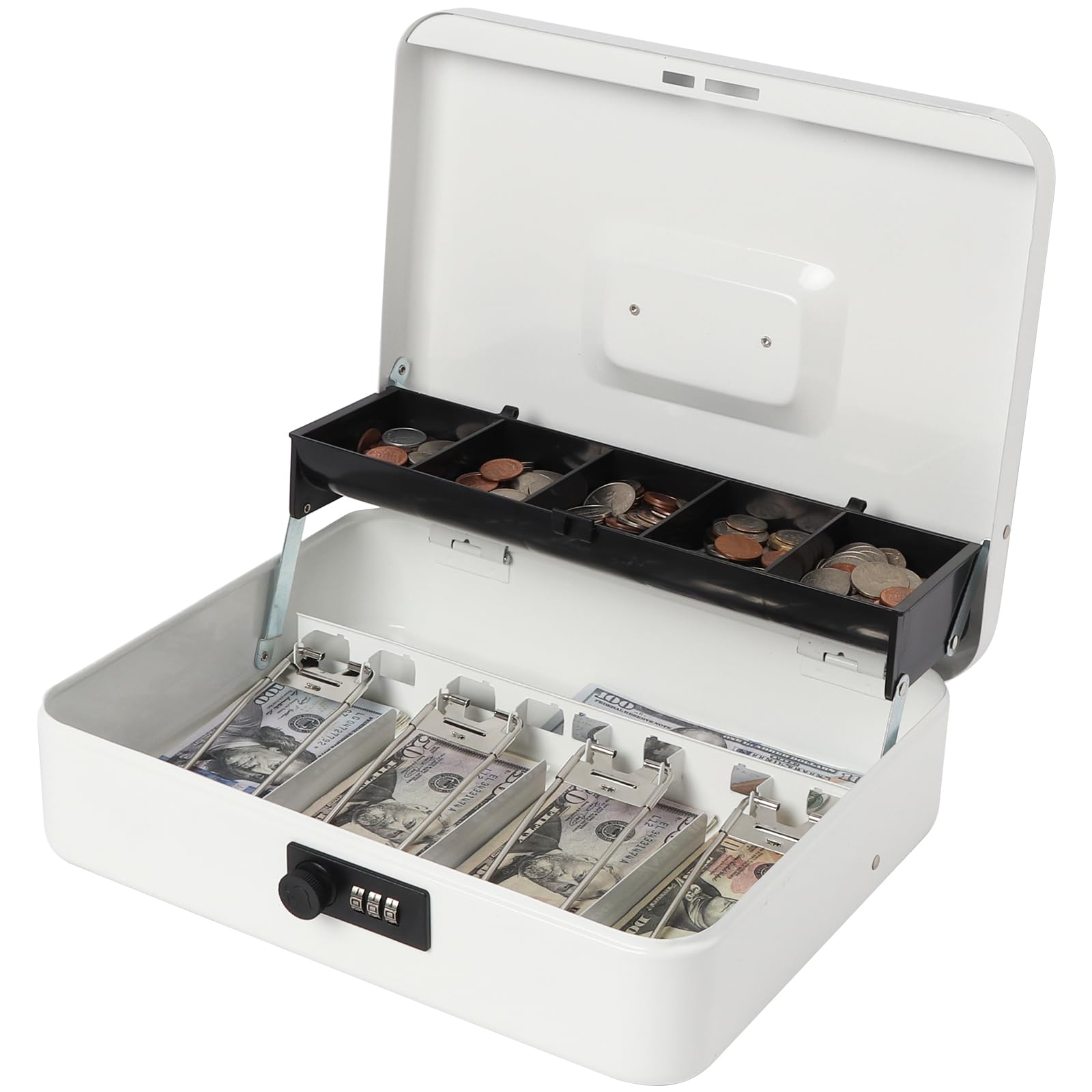 Jssmst Large Metal Cash Box with Money Tray & Combination Lock - Secure Money Storage Box for Home, Office, Retail (White, SM-CB0511L) - Ideal for Cash Management, Small Business, and Personal Savings
