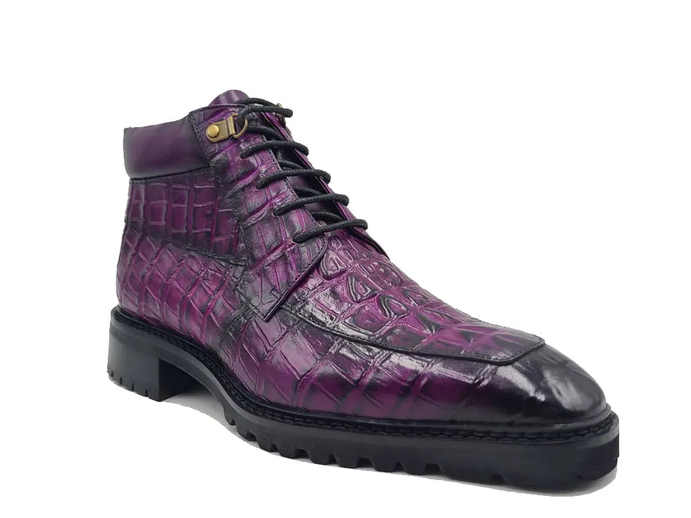 Men's Genuine Leather Lace Up Boots - Alligator Embossed Ankle Boots for Work, Outdoor & Casual Wear