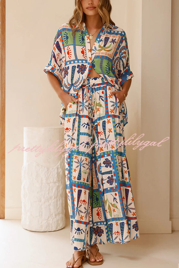Stylish Floral Print Lapel Short Sleeve Blouse with Elastic Waist Casual Wide Leg Pants Set - Perfect for Summer Outfits, Beach Vacations & Boho Fashion
