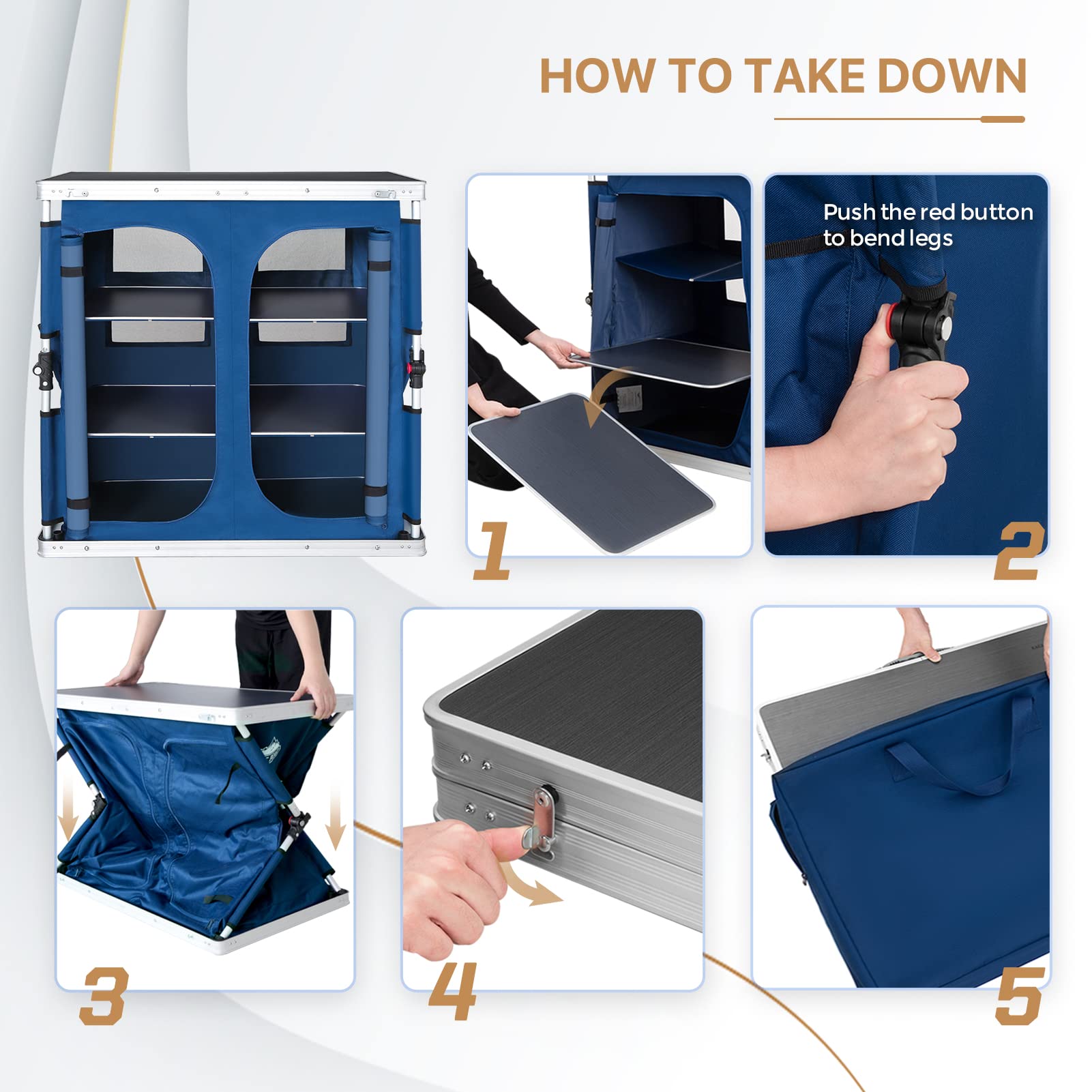 EAGLE PEAK 3-Tier Folding Camping Table with Storage Organizer | Portable Aluminum Outdoor Picnic Table for Camping, Hiking, BBQ & Beach | Compact Design with Side Pockets & Easy Setup (Blue)