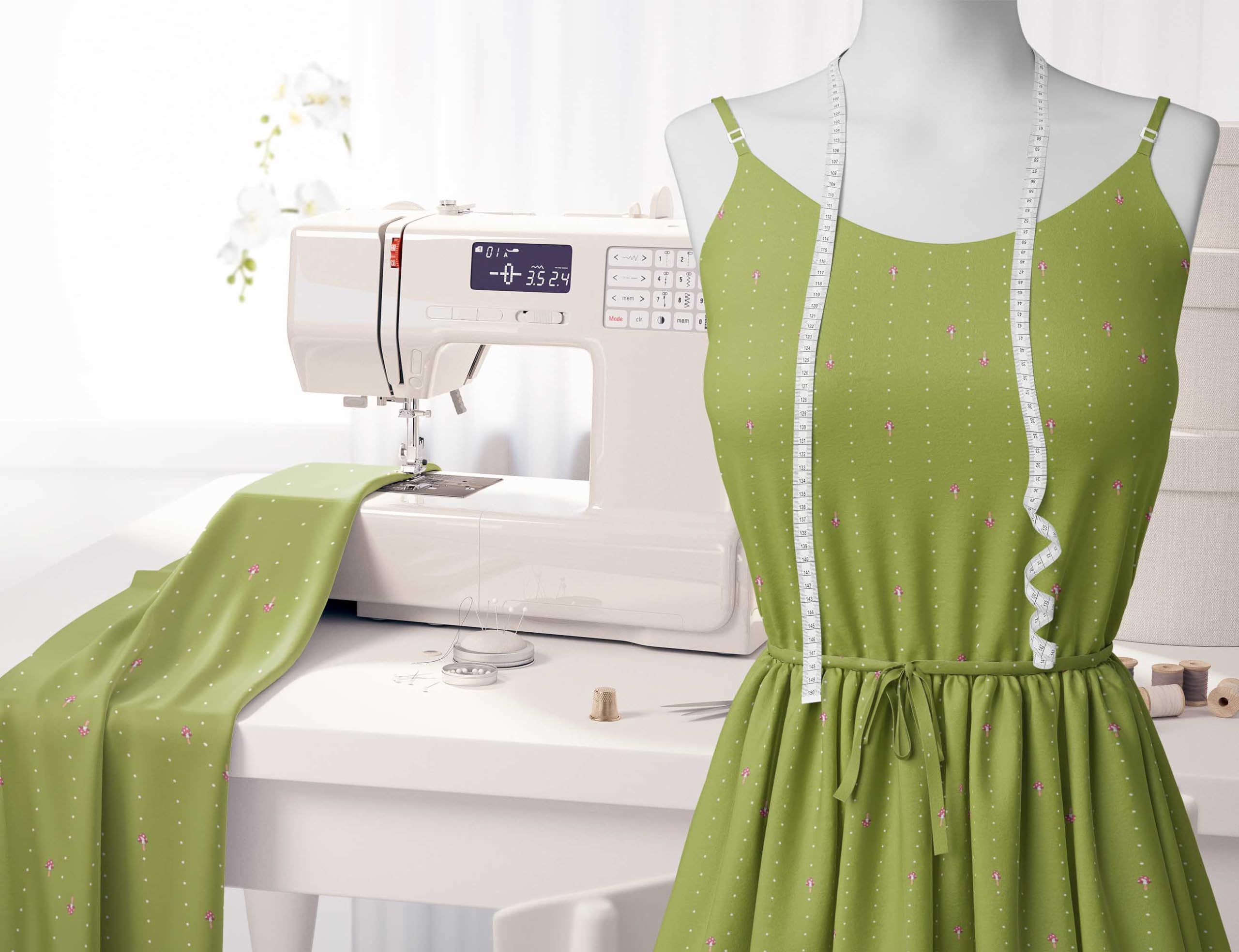Soimoi Moss Georgette Green Fabric by The Yard - 42 Inch Wide Printed Fabric with Mushroom & Dots Pattern - Soft Draping Material for DIY Crafts, Dressmaking, Home Decor and Sewing Projects