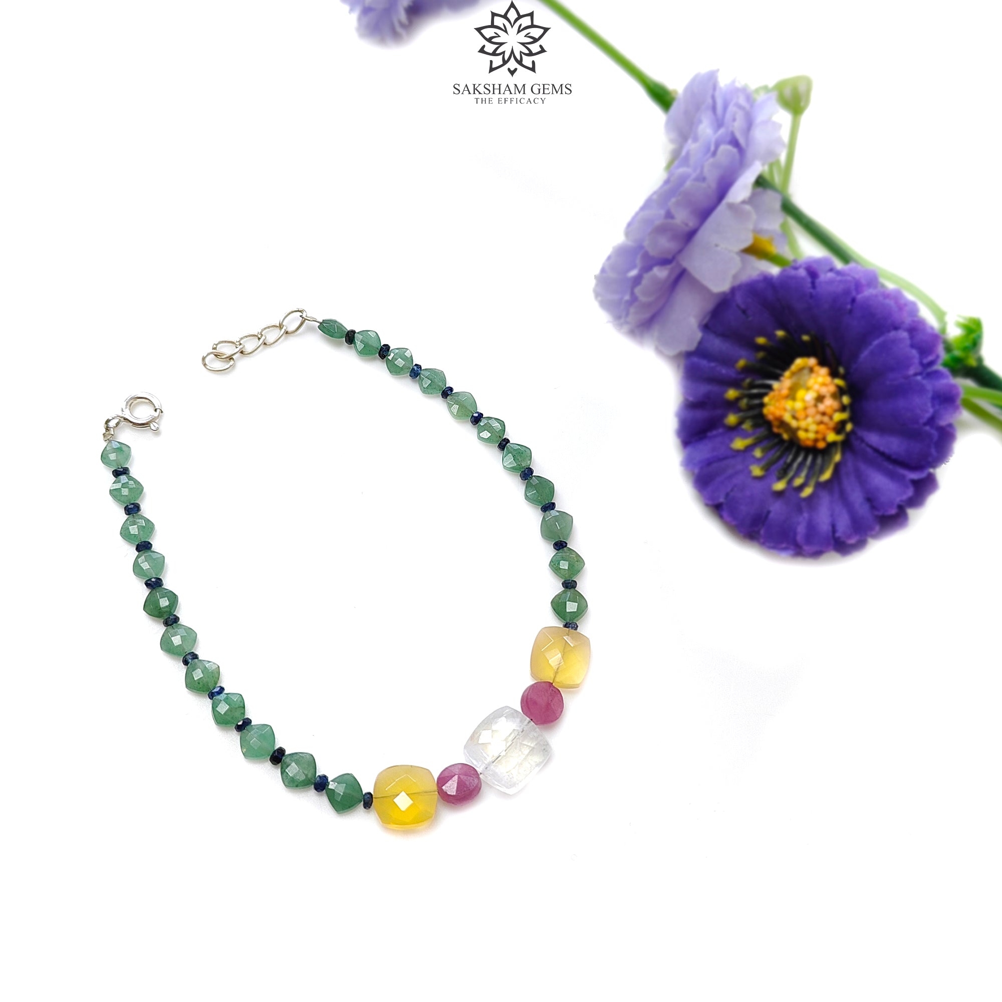Green Quartz Yellow Opal Moonstone Sapphire Gemstone Beaded Bracelet - 925 Sterling Silver Checker Cut 8.25