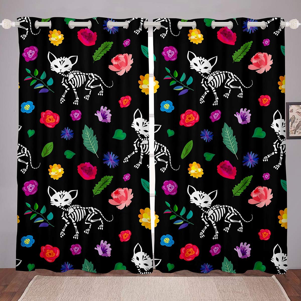 Castle Fairy Flowers Fox Skeleton Printed Window Curtains - White Animal Skull Design with Colorful Floral Leaves - 2 Panel Set (104W x 96L inches) - Perfect for Gothic Bedroom, Halloween Decor, or Fantasy Themed Living Room