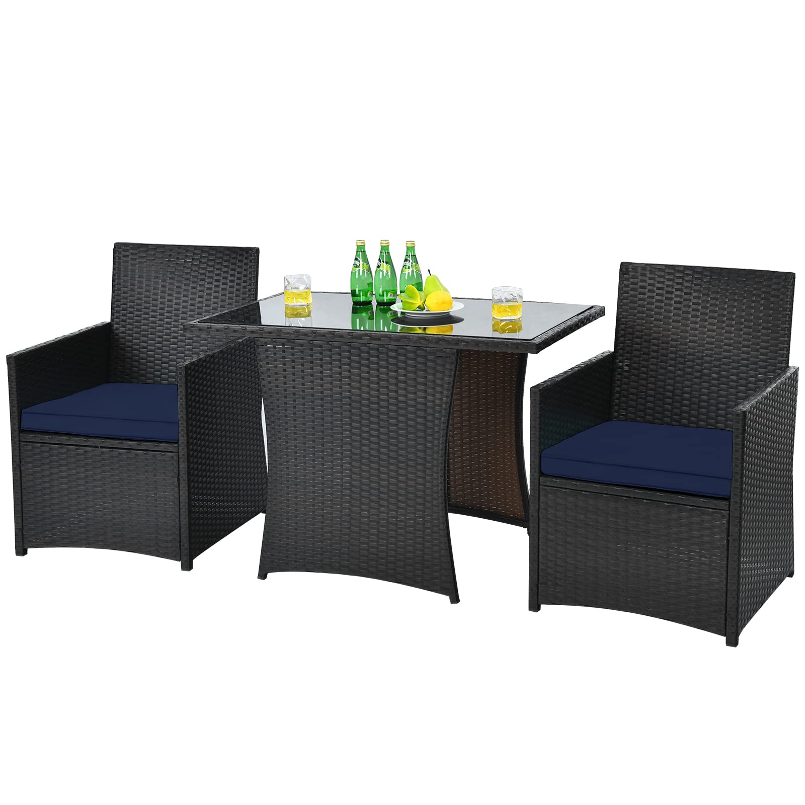 HAPPYGRILL 3-Piece Outdoor PE Rattan Bistro Set with Cushioned Chairs - Patio Dining Table and Conversation Set for Backyard, Porch, Garden, Poolside - Perfect for Al Fresco Dining, Relaxing, and Outdoor Entertaining