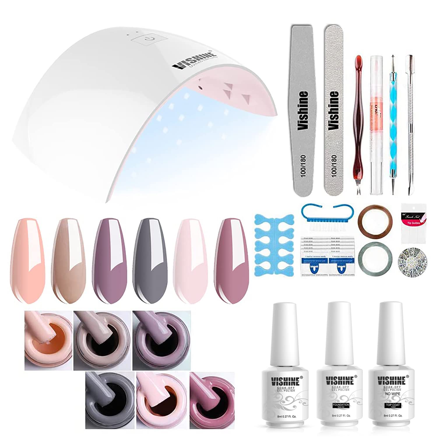Vishine 6 Colors Gel Nail Polish Starter Kit with Base & Top Coat, 36W LED UV Nail Lamp - Full DIY Gel Manicure Set for Salon & Home Use (8ml #12) | Perfect for Nail Art, French Tips & Professional Manicures