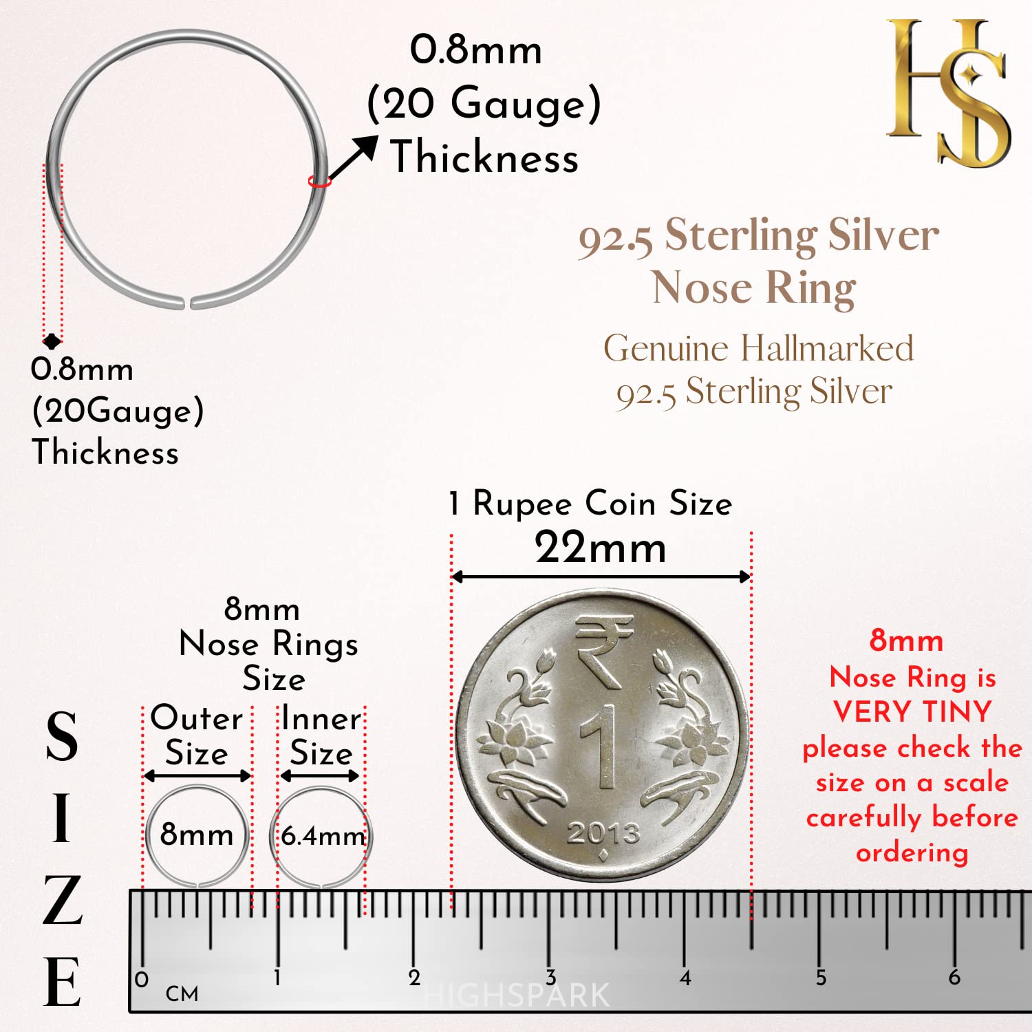 HighSpark 92.5 Sterling Silver Nose Ring for Women - Simple & Elegant Nose Piercing Jewelry for Women & Girls | Hypoallergenic Nose Stud | Perfect Gift for Birthday, Anniversary & Special Occasions | Everyday Wear & Party Accessories