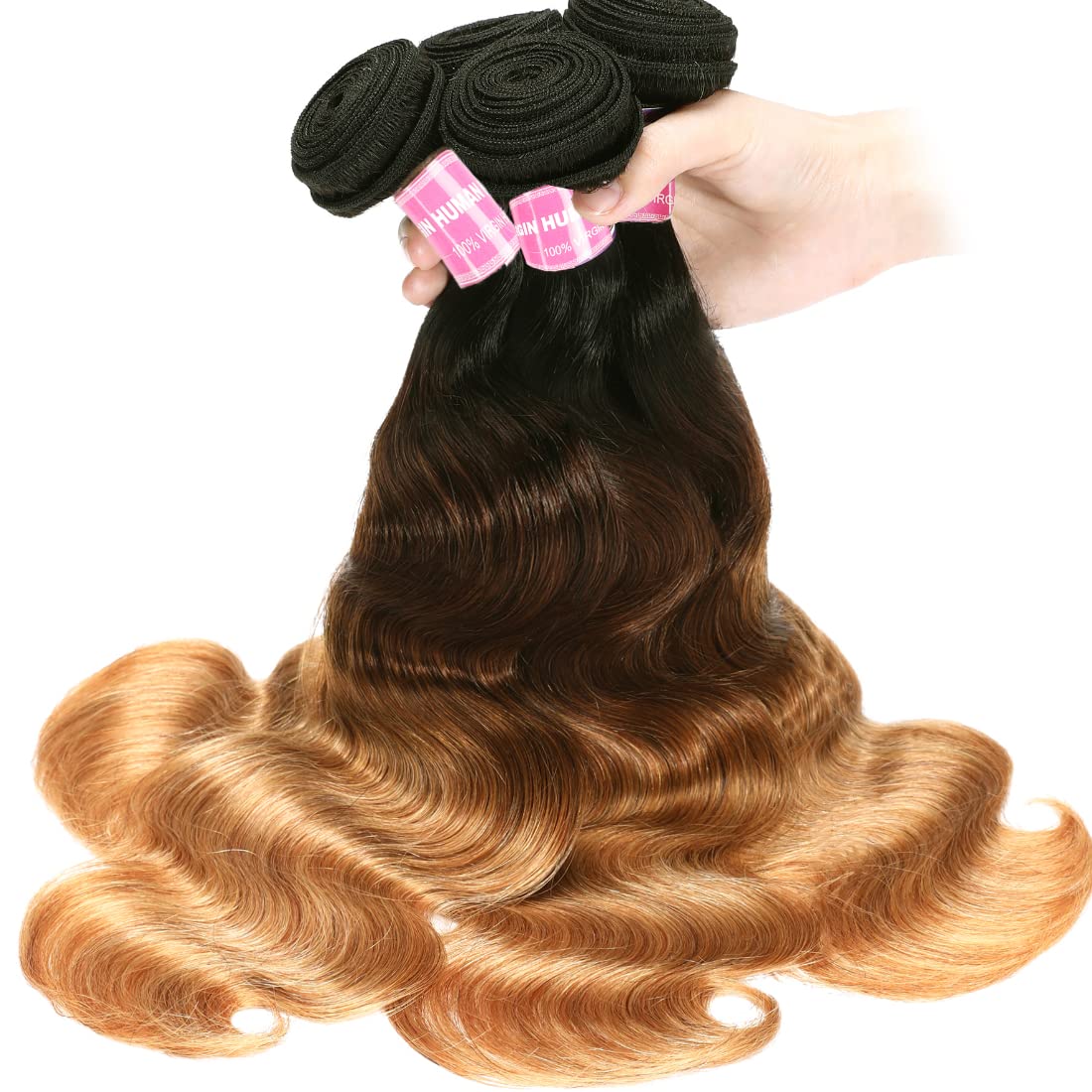 Sunber 12A Grade Ombre Body Wave 3 Bundles Brazilian Virgin Human Hair Extensions - 3 Tone Mixed 1B/4/27 Color (20 22 24 Inch) for Stunning Blended Highlights | Perfect for Salon Styling, Weddings & Everyday Glam