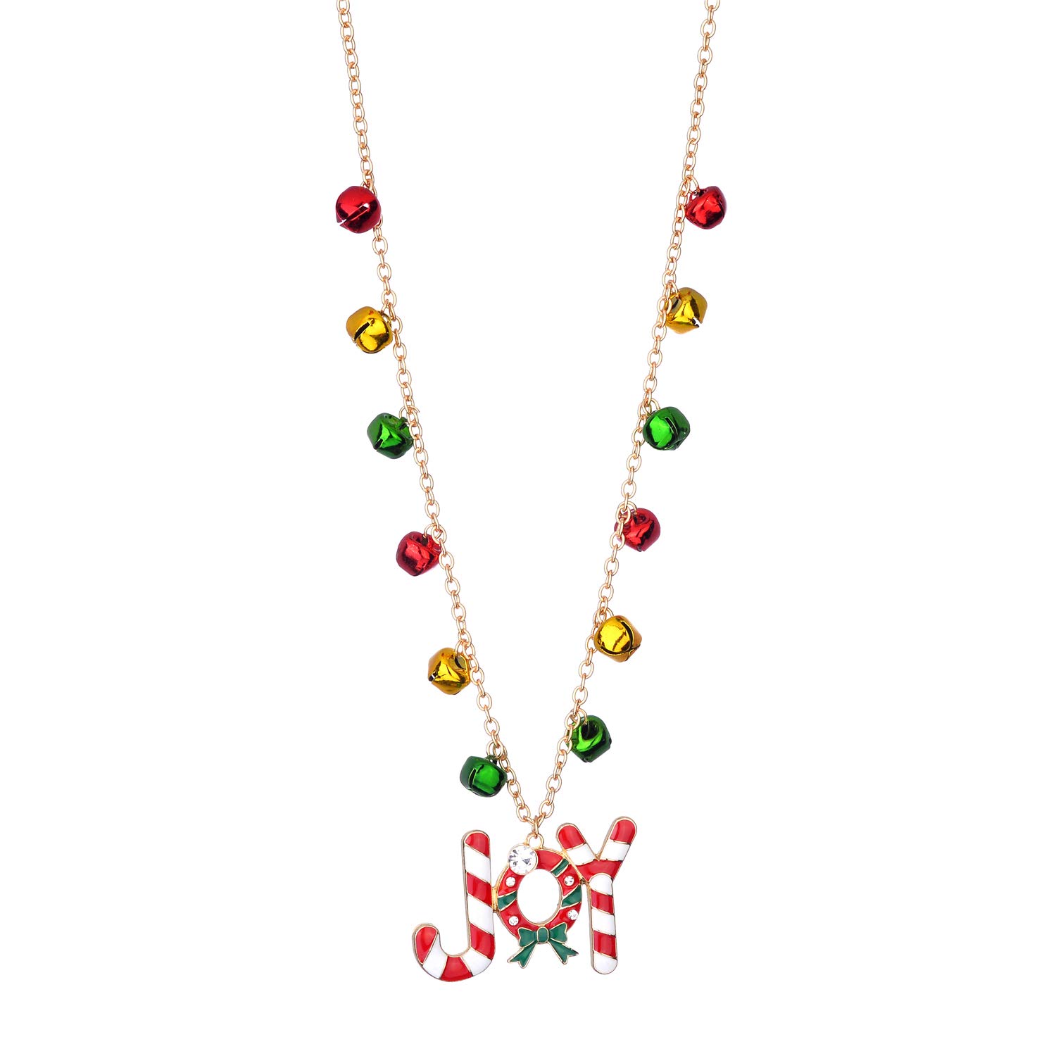 Christmas Gold Red Green Bell Necklace - Candy Cane Wreath Chain for Holiday Party