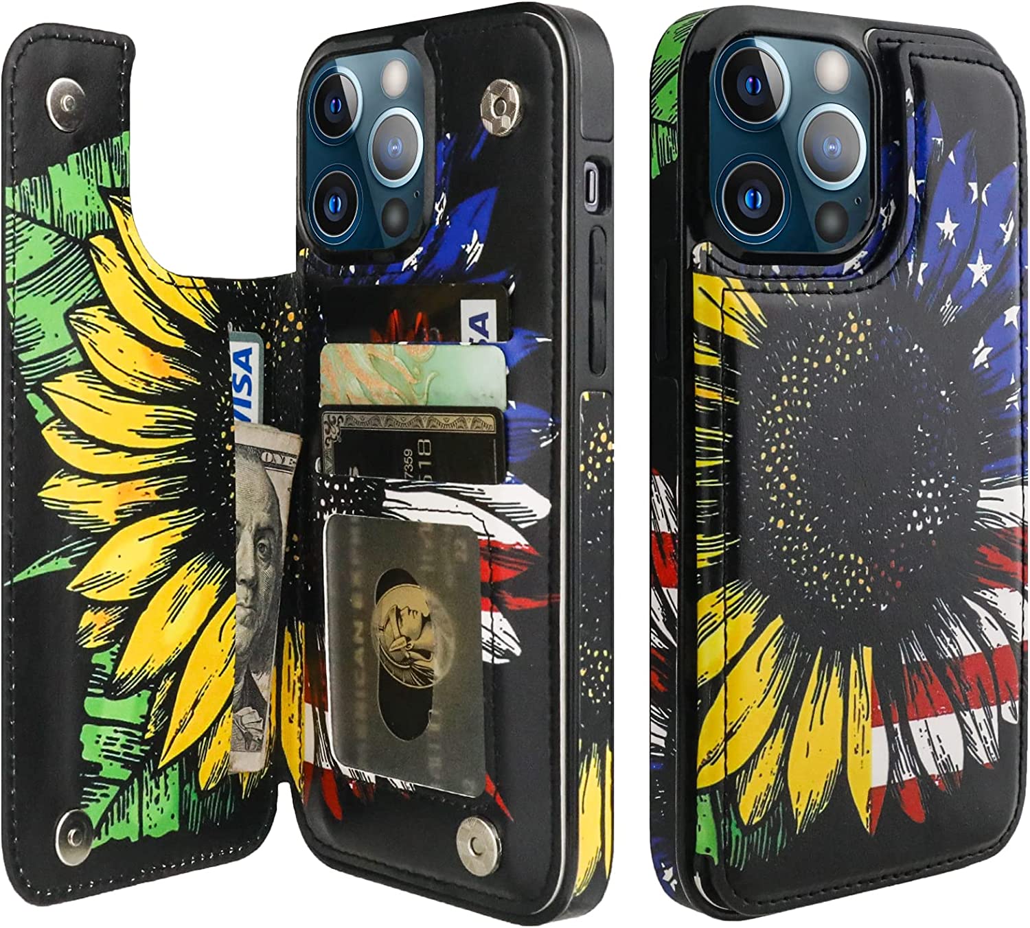 iPhone 13 Pro Max Wallet Case with American Flag & Sunflowers Design - Shockproof Protective Cover for Everyday Use, Travel & Outdoor Activities