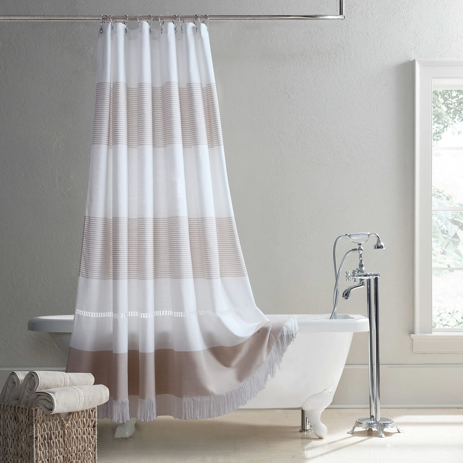 MVSUTA Luka Tan Stripes Tassel Farmhouse Boho Hand-Embroidered Shower Curtain - Khaki Fabric Bathroom Decor, 54