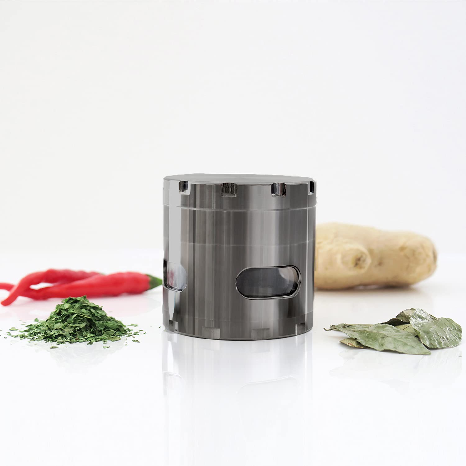 Premium 55mm Manual Spice Grinder - 4-Piece Metal Spice Mill for Fresh Herbs & Seasonings - Perfect for Kitchen, Cooking & Gourmet Meal Prep - Grey