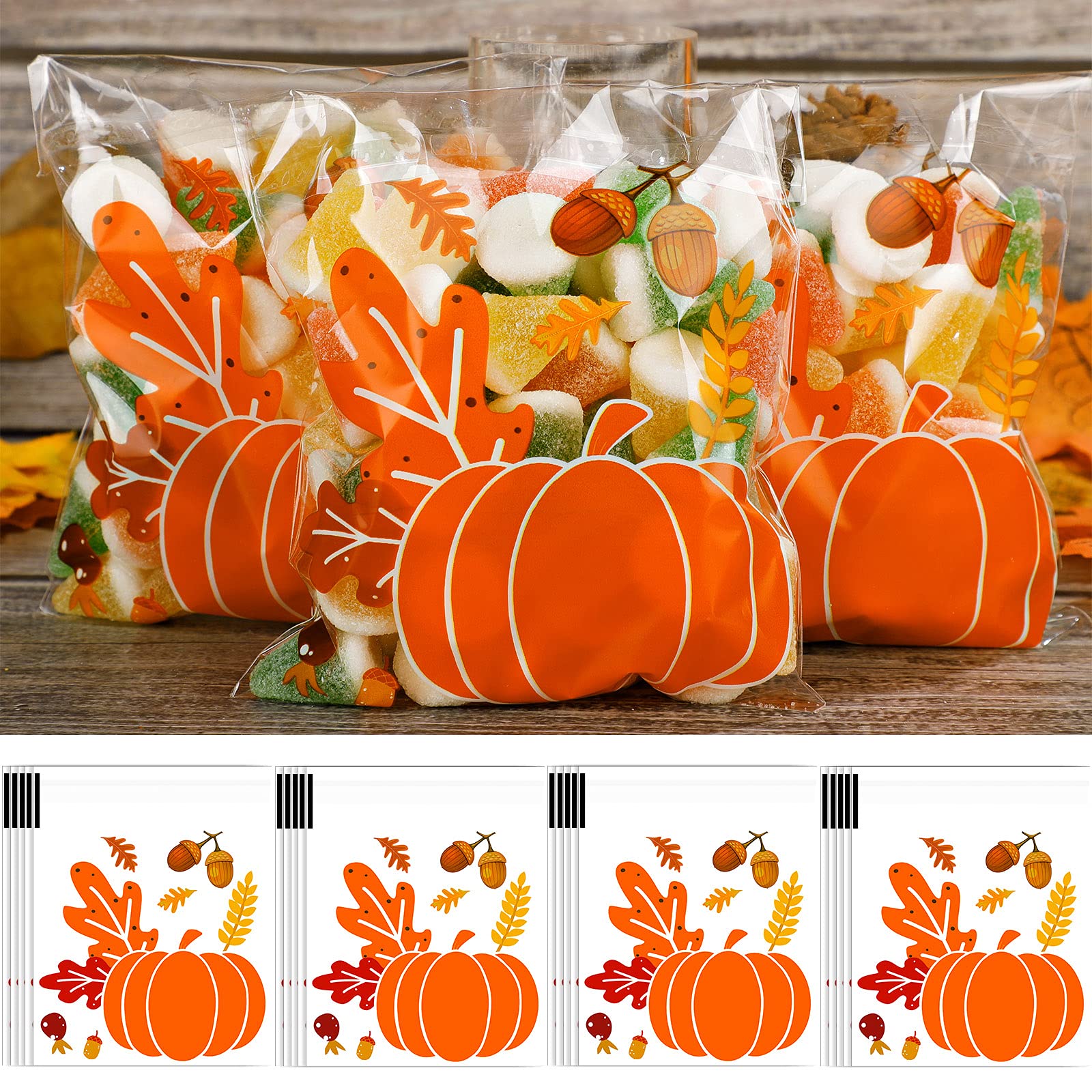 200 Pcs Thanksgiving Cellophane Bags - Fall Pumpkin Leaves Pattern Candy Treat Bags for Halloween, Autumn Party Favors, Chocolate, Cookies & Snacks | Perfect for Thanksgiving Celebrations, Classroom Treats & Holiday Gift Giving