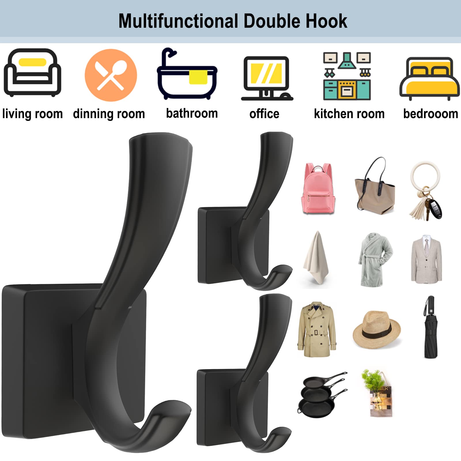 Black Wall Hooks 5-Pack - Towel, Coat & Backpack Hanger for Bathroom & Entryway